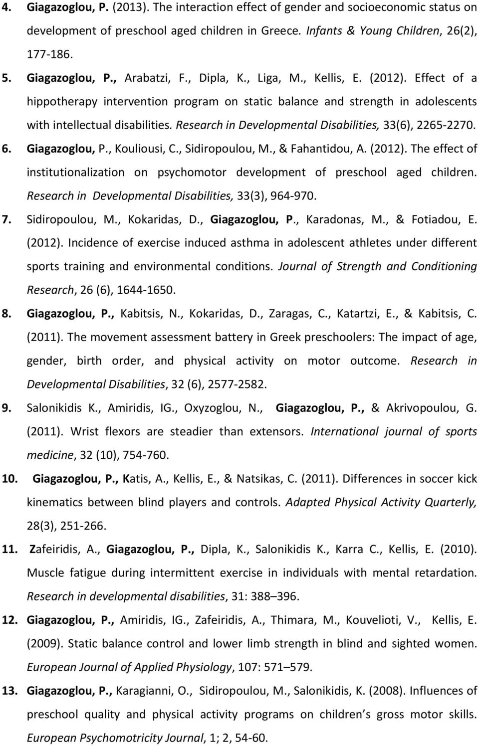 Research in Developmental Disabilities, 33(6), 2265-2270. 6. Giagazoglou, P., Kouliousi, C., Sidiropoulou, M., & Fahantidou, A. (2012).
