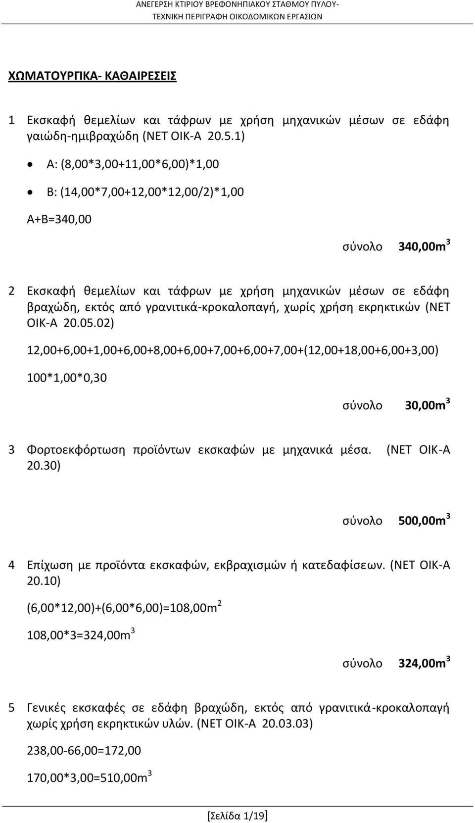 χωρίς χρήση εκρηκτικών (ΝΕΤ ΟΙΚ-Α 20.05.02) 12,00+6,00+1,00+6,00+8,00+6,00+7,00+6,00+7,00+(12,00+18,00+6,00+3,00) 100*1,00*0,30 30,00m 3 3 Φορτοεκφόρτωση προϊόντων εκσκαφών με μηχανικά μέσα.