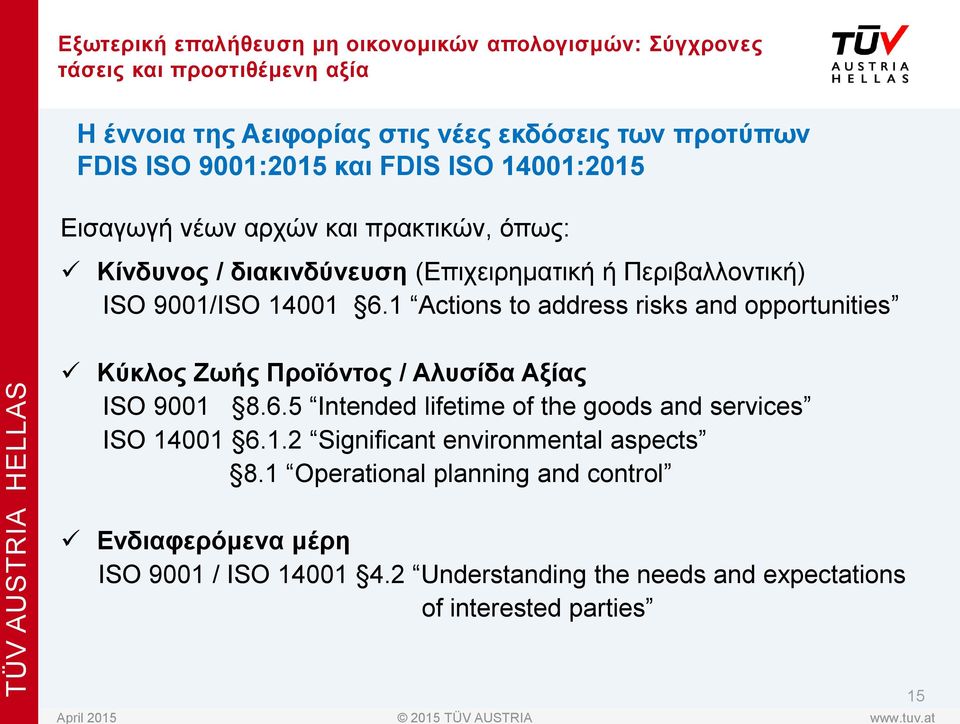 1 Actions to address risks and opportunities Κύκλος Ζωής Προϊόντος / Αλυσίδα Αξίας ISO 9001 8.6.5 Intended lifetime of the goods and services ISO 14001 6.1.2 Significant environmental aspects 8.