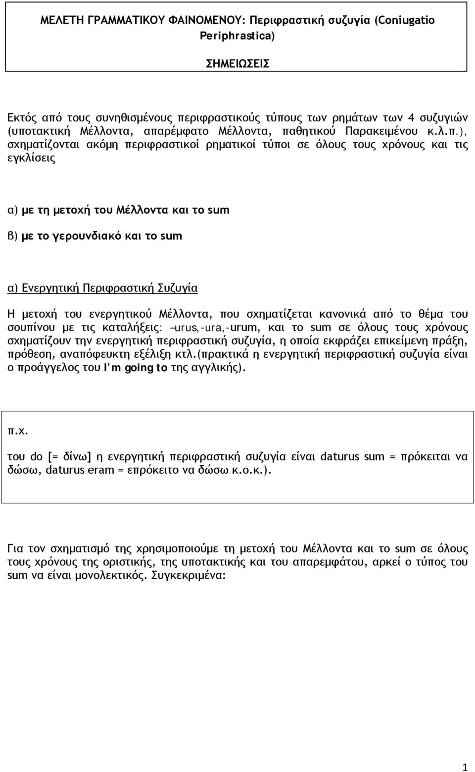 γερουνδιακό και το sum α) Ενεργητική Περιφραστική Συζυγία Η μετοχή του ενεργητικού Μέλλοντα, που σχηματίζεται κανονικά από το θέμα του σουπίνου με τις καταλήξεις: urus,-ura,-urum, και το sum σε όλους