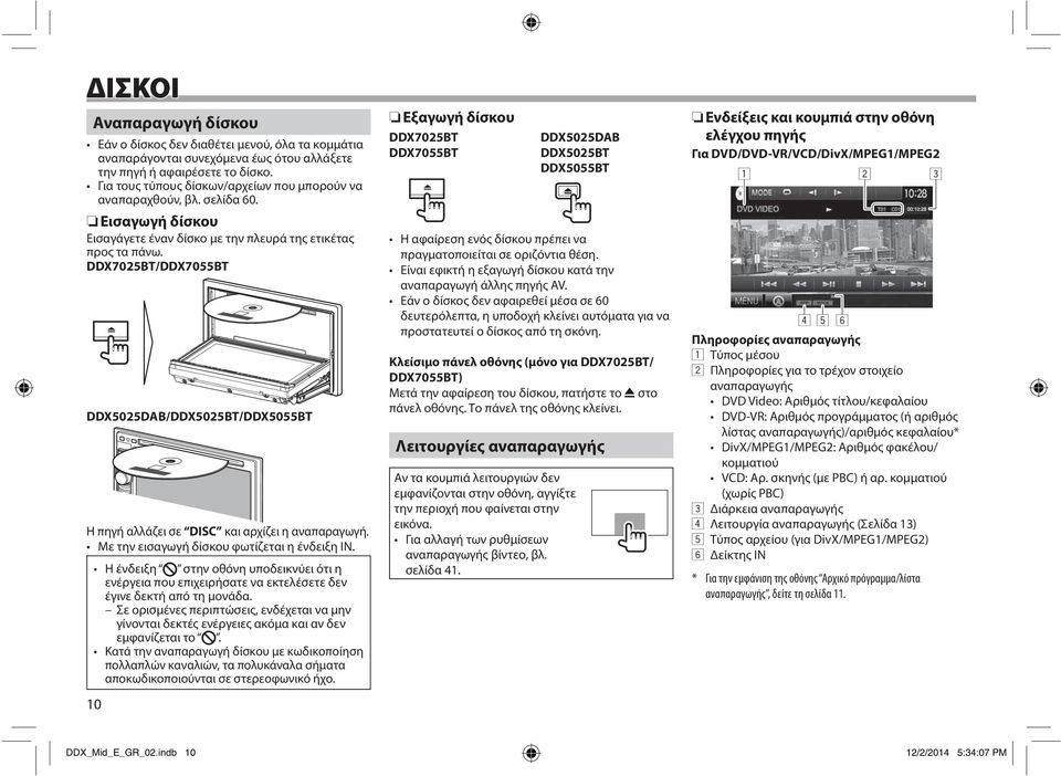 DDX7025BT/DDX7055BT DDX5025DAB/DDX5025BT/DDX5055BT Η πηγή αλλάζει σε DISC και αρχίζει η αναπαραγωγή. Με την εισαγωγή δίσκου φωτίζεται η ένδειξη IN.