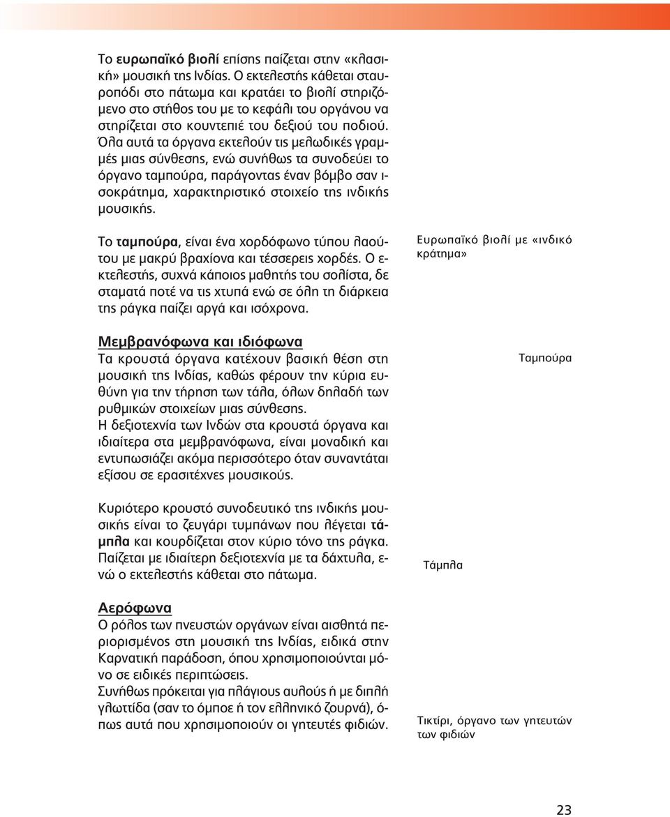 Όλα αυτά τα όργανα εκτελούν τις μελωδικές γραμμές μιας σύνθεσης, ενώ συνήθως τα συνοδεύει το όργανο ταμπούρα, παράγοντας έναν βόμβο σαν ι- σοκράτημα, χαρακτηριστικό στοιχείο της ινδικής μουσικής.