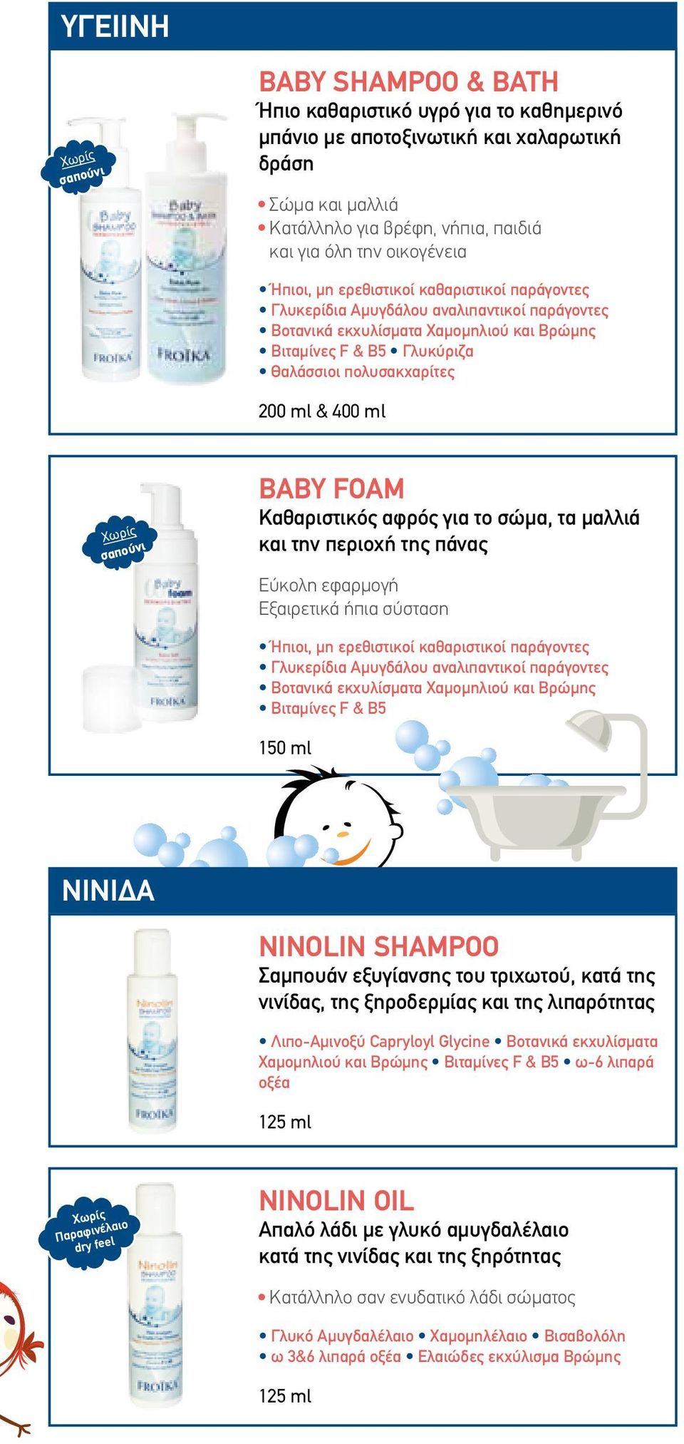 200 ml & 400 ml Χωρίς σαπούνι BABY FOAM Καθαριστικός αφρός για το σώμα, τα μαλλιά και την περιοχή της πάνας Εύκολη εφαρμογή Εξαιρετικά ήπια σύσταση Ήπιοι, μη ερεθιστικοί καθαριστικοί παράγοντες