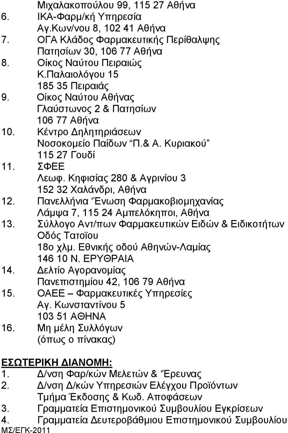 Κηφισίας 280 & Αγρινίου 3 152 32 Χαλάνδρι, Αθήνα 12. Πανελλήνια Ένωση Φαρμακοβιομηχανίας Λάμψα 7, 115 24 Αμπελόκηποι, Αθήνα 13. Σύλλογο Αντ/πων Φαρμακευτικών Ειδών & Ειδικοτήτων Οδός Τατοϊου 18ο χλμ.