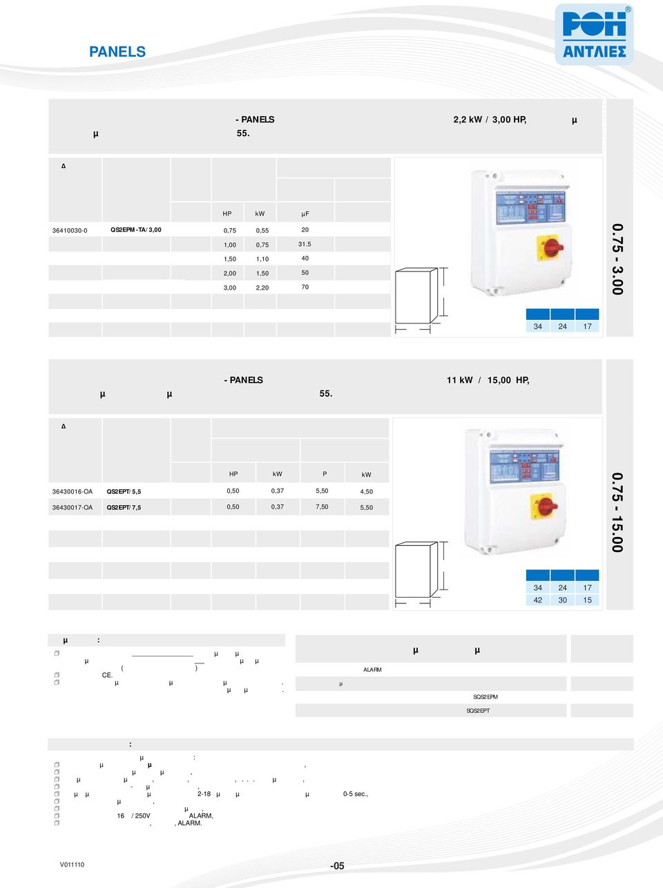 00 ΗΡ Τριφασικοί ηλεκτρονικοί πίνακες ΡΟΗ - PANELS ελέγχου ζεύγους αντλιών ισχύος εώς και 11 / 15,00, αποτελούµενοι από θερµοπλαστικό κουτί προστασίας ΙΡ 55.