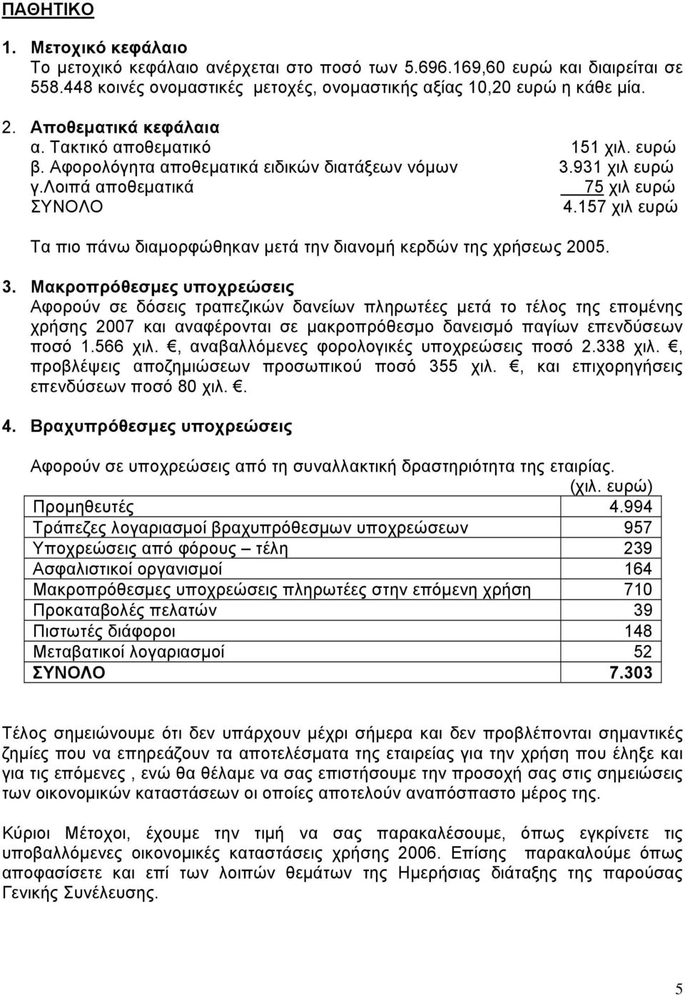 157 χιλ ευρώ Τα πιο πάνω διαµορφώθηκαν µετά την διανοµή κερδών της χρήσεως 2005. 3.