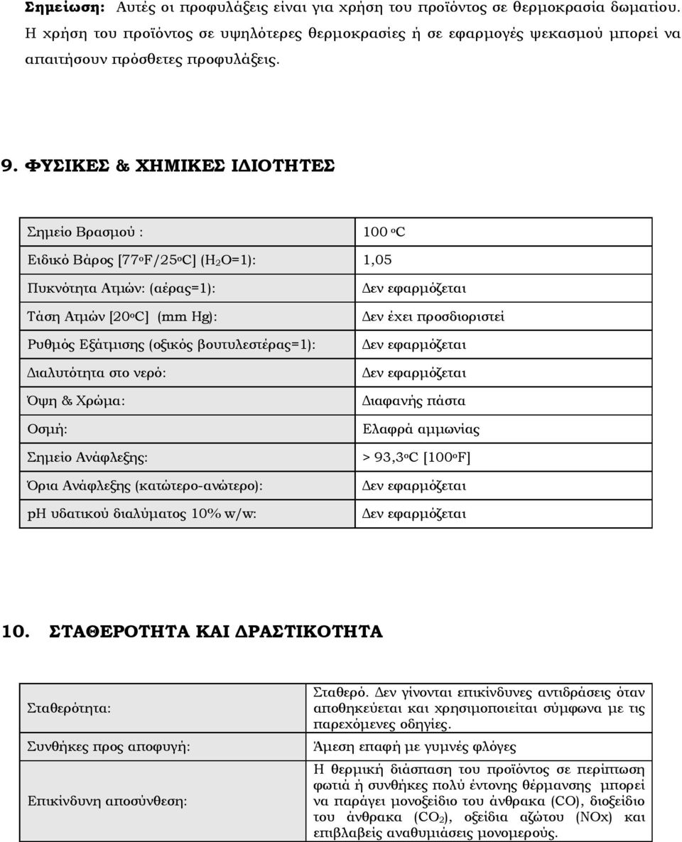 ΦΥΣΙΚΕΣ & ΧΗΜΙΚΕΣ ΙΔΙΟΤΗΤΕΣ Σημείο Βρασμού : 100 o C Ειδικό Βάρος [77 o F/25 o C] (Η 2Ο=1): 1,05 Πυκνότητα Ατμών: (αέρας=1): Τάση Ατμών [20 o C] (mm Hg): Ρυθμός Εξάτμισης (οξικός βουτυλεστέρας=1):