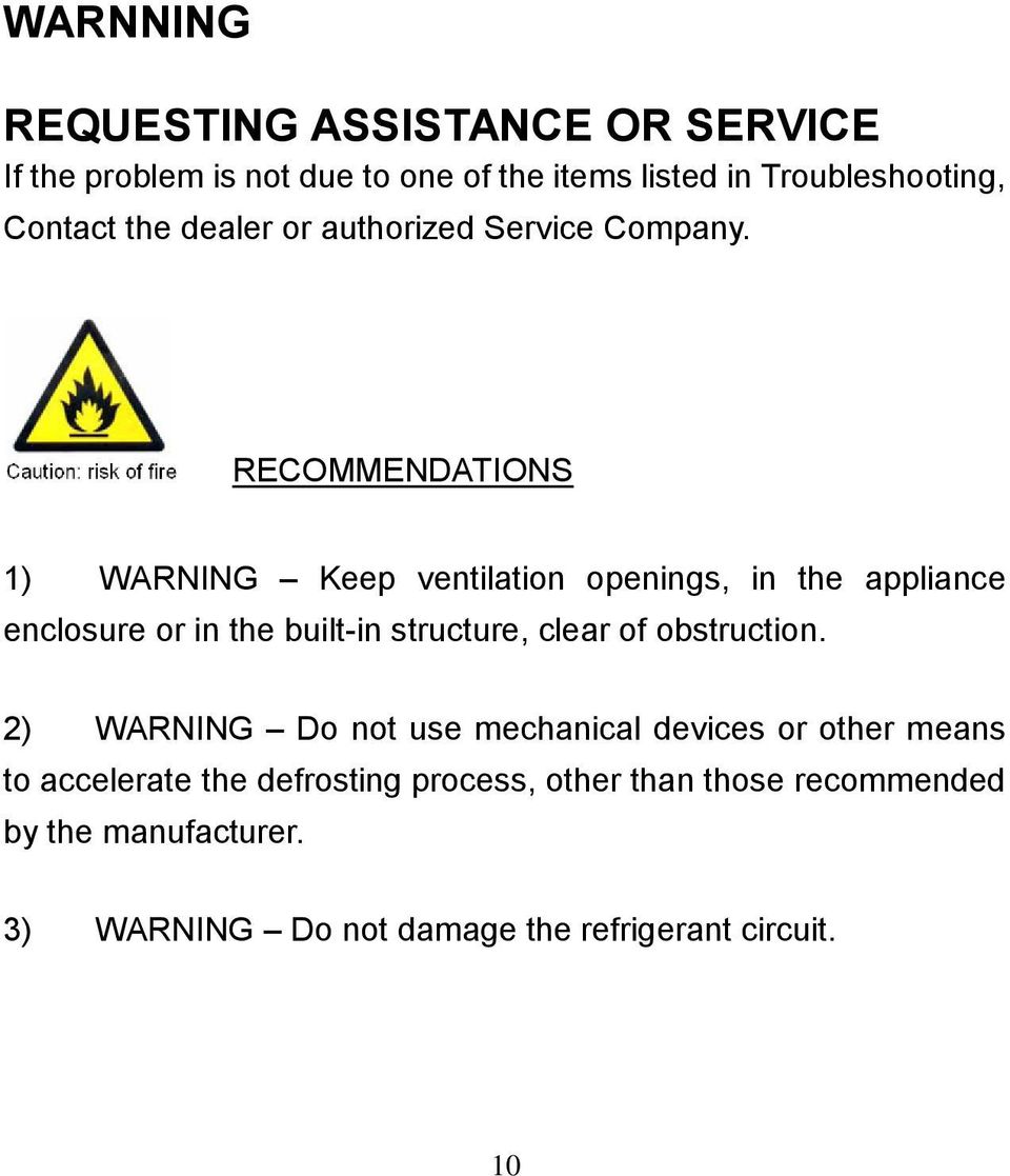 RECOMMENDATIONS 1) WARNING Keep ventilation openings, in the appliance enclosure or in the built-in structure, clear of
