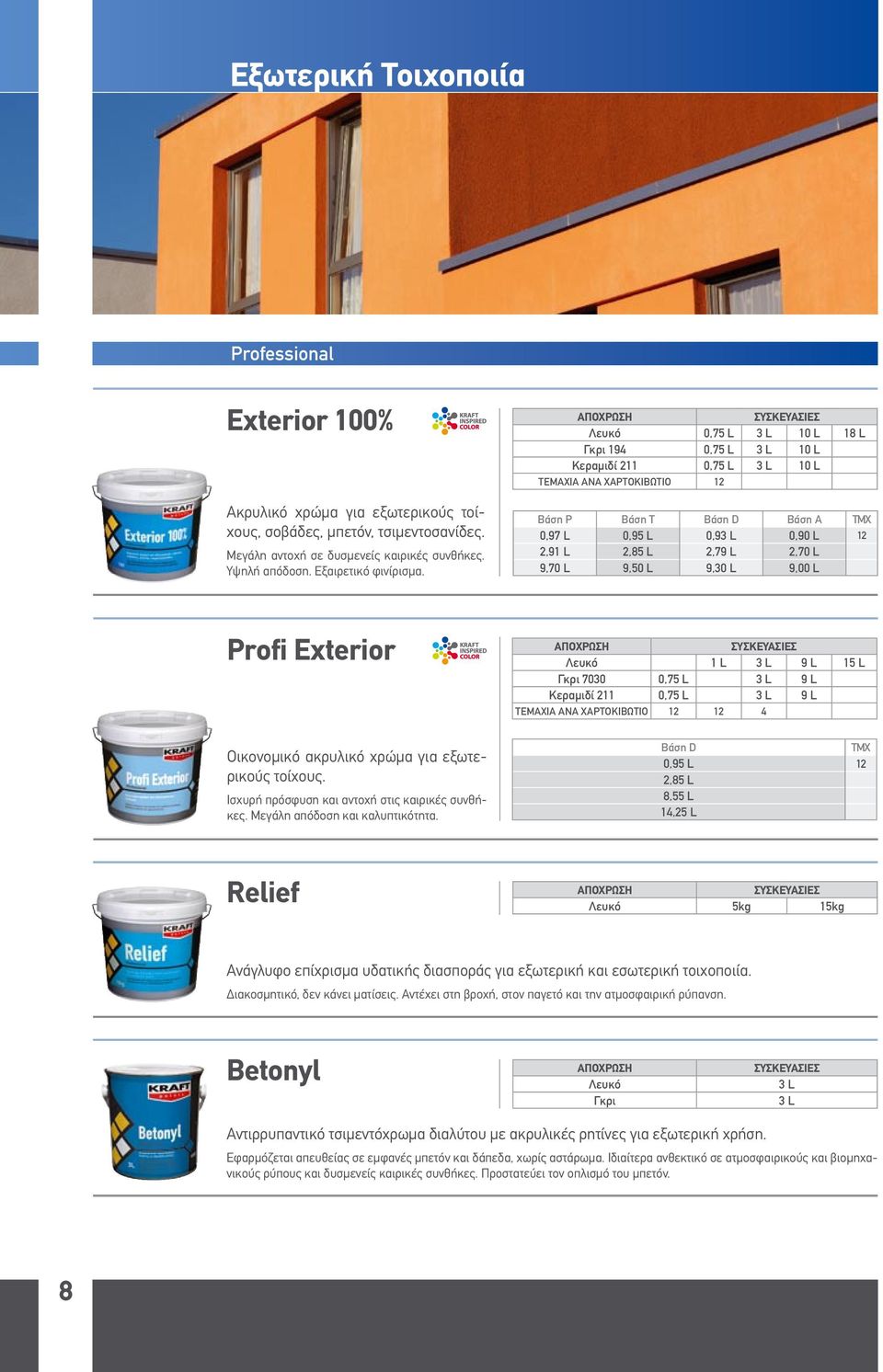 Profi Exterior Λευκό 1 L 3 L 9 L 15 L Γκρι 7030 0,75 L 3 L 9 L Κεραμιδί 211 0,75 L 3 L 9 L 12 4 Oικονομικό ακρυλικό χρώμα για εξωτερικούς τοίχους. Ισχυρή πρόσφυση και αντοχή στις καιρικές συνθήκες.