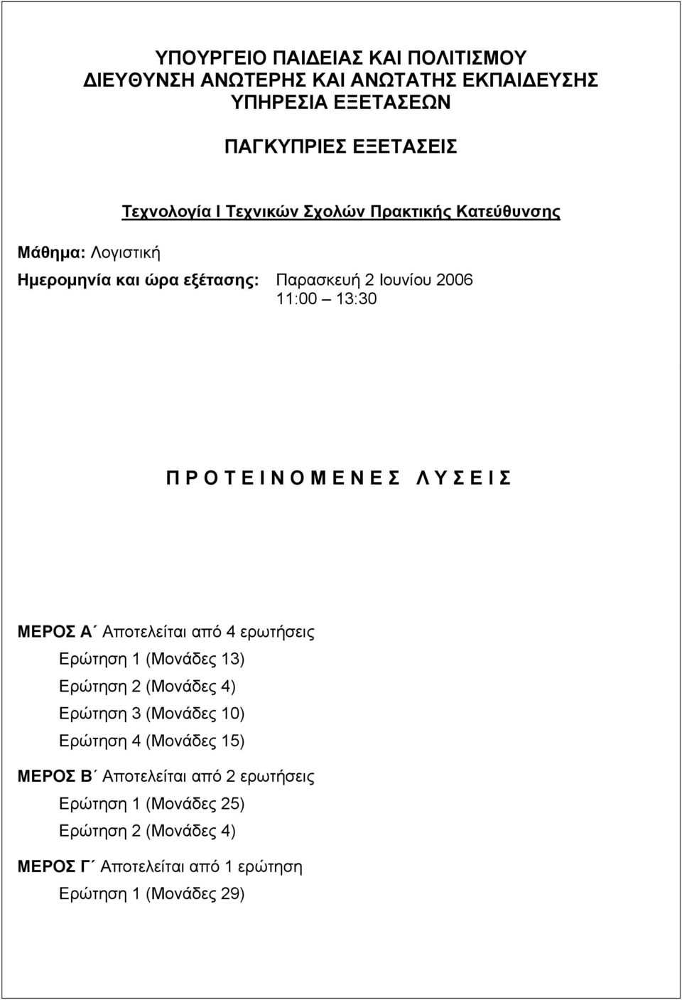 ΠΡΟΤΕΙΝΟΜΕΝΕΣ ΛΥΣΕΙΣ ΜΕΡΟΣ Α Αποτελείται από 4 ερωτήσεις Ερώτηση 1 (Μονάδες 13) Ερώτηση 2 (Μονάδες 4) Ερώτηση 3 (Μονάδες 10) Ερώτηση 4