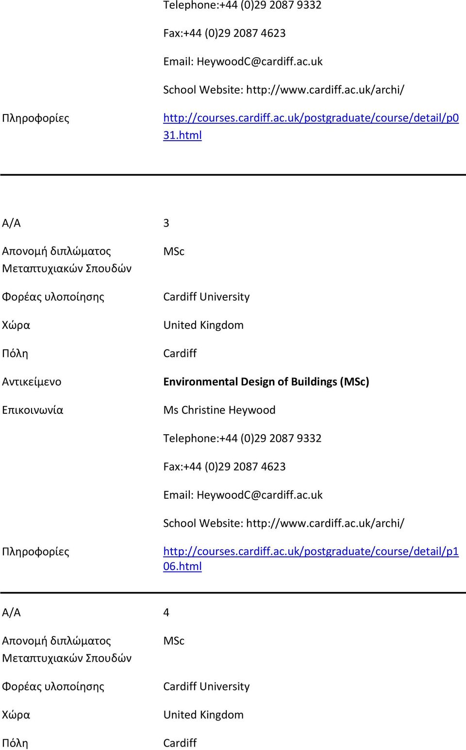 html Α/Α 3 MSc Cardiff University United Kingdom Cardiff Environmental Design of Buildings (MSc) Ms Christine Heywood cardiff.ac.