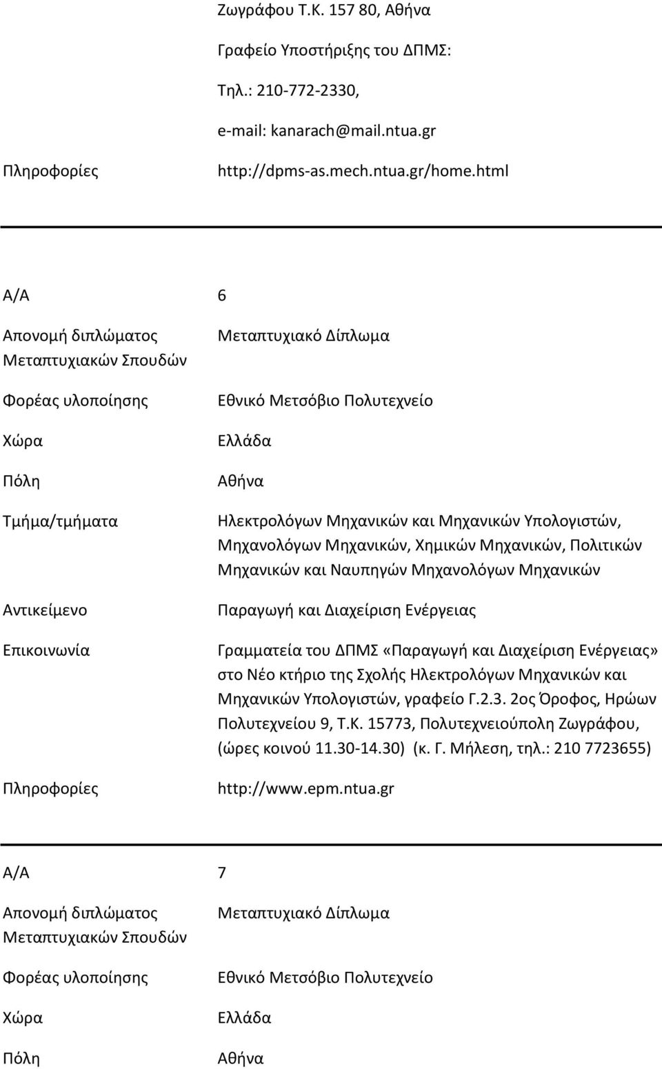 Μηχανολόγων Μηχανικών Παραγωγή και Διαχείριση Ενέργειας Γραμματεία του ΔΠΜΣ «Παραγωγή και Διαχείριση Ενέργειας» στο Νέο κτήριο της Σχολής Ηλεκτρολόγων Μηχανικών και Μηχανικών