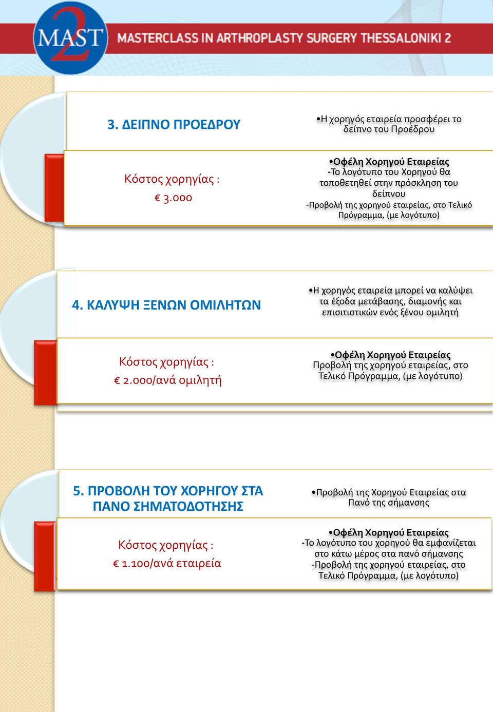 ΚΑΛΥΨΗ ΞΕΝΩΝ ΟΜΙΛΗΤΩΝ Η χορηγός εταιρεία μπορεί να καλύψει τα έξοδα μετάβασης, διαμονής και επισιτιστικών ενός ξένου ομιλητή 2.