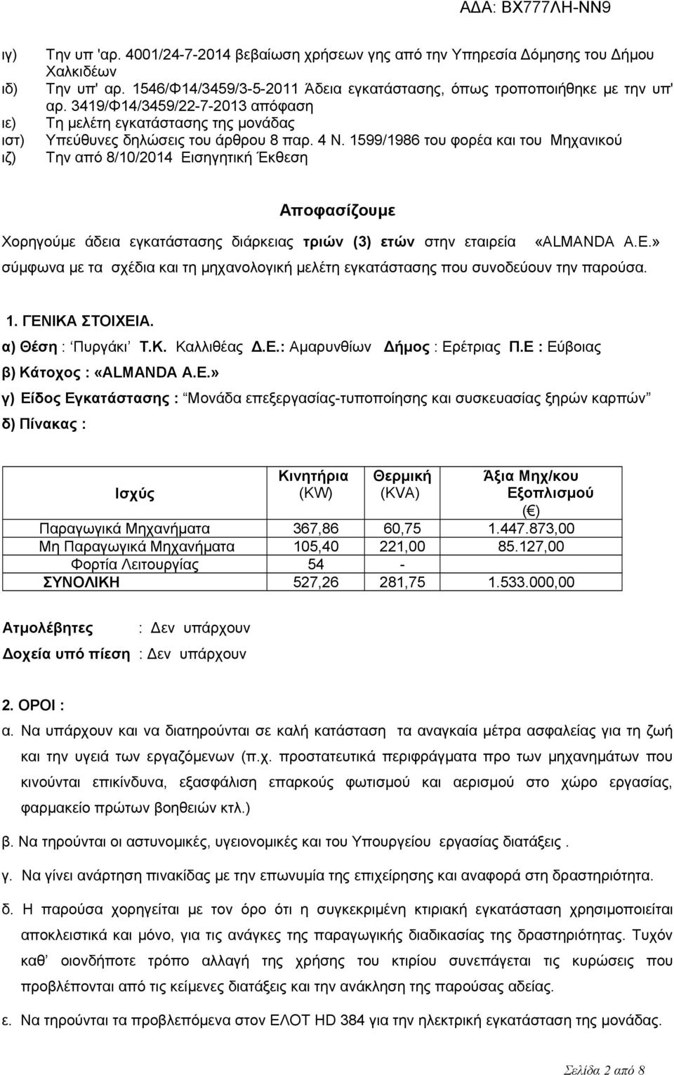 1599/1986 του φορέα και του Μηχανικού Την από 8/10/2014 Εισηγητική Έκθεση Αποφασίζουμε Χορηγούμε άδεια εγκατάστασης διάρκειας τριών (3) ετών στην εταιρεία «ALMANDA Α.Ε.» σύμφωνα με τα σχέδια και τη μηχανολογική μελέτη εγκατάστασης που συνοδεύουν την παρούσα.