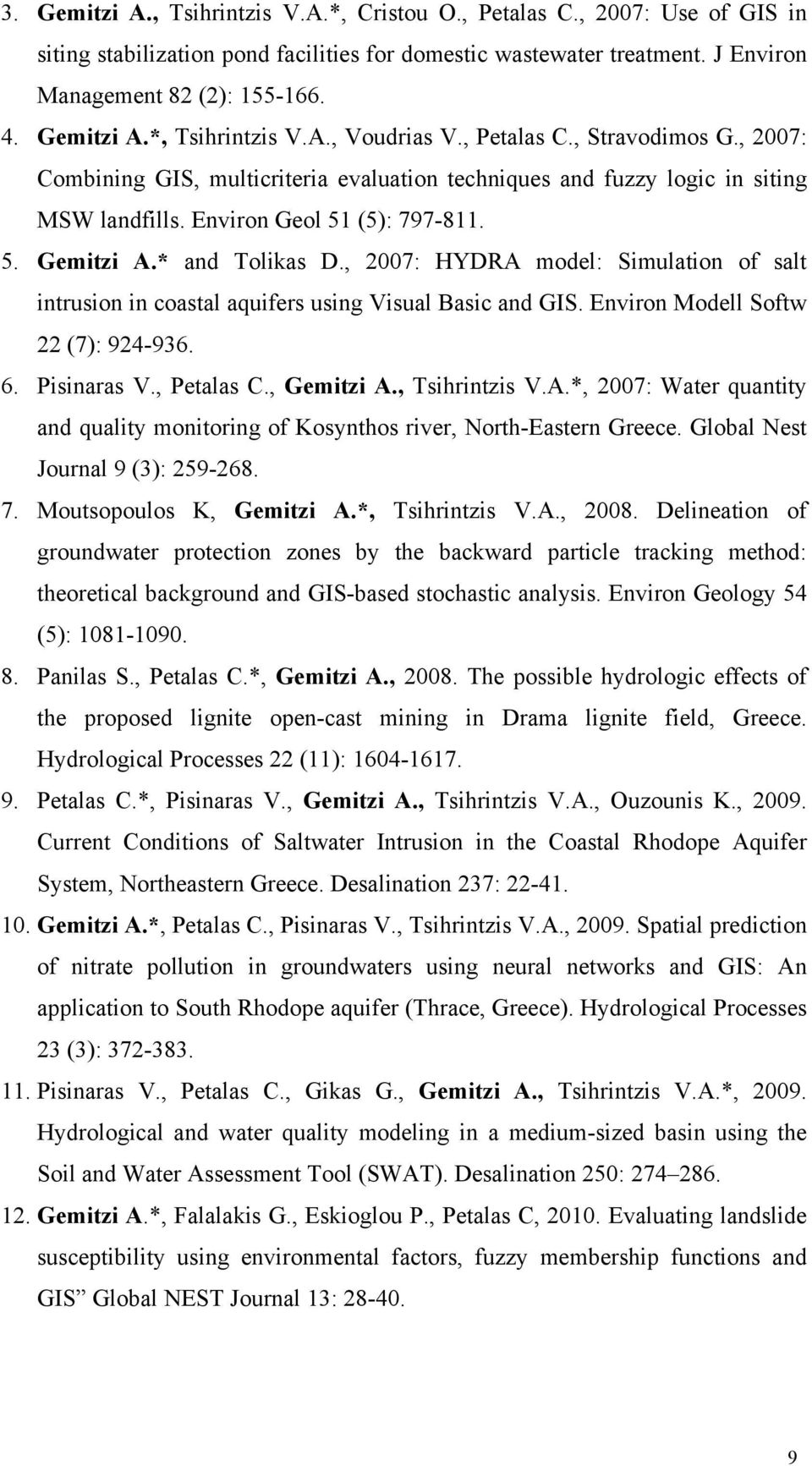 5. Gemitzi A.* and Tolikas D., 2007: HYDRA model: Simulation of salt intrusion in coastal aquifers using Visual Basic and GIS. Environ Modell Softw 22 (7): 924-936. 6. Pisinaras V., Petalas C.