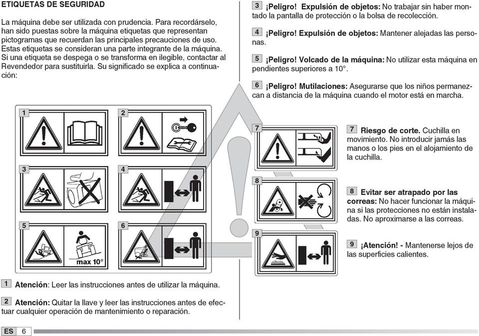 Estas etiquetas se consideran una parte integrante de la máquina. Si una etiqueta se despega o se transforma en ilegible, contactar al Revendedor para sustituirla.