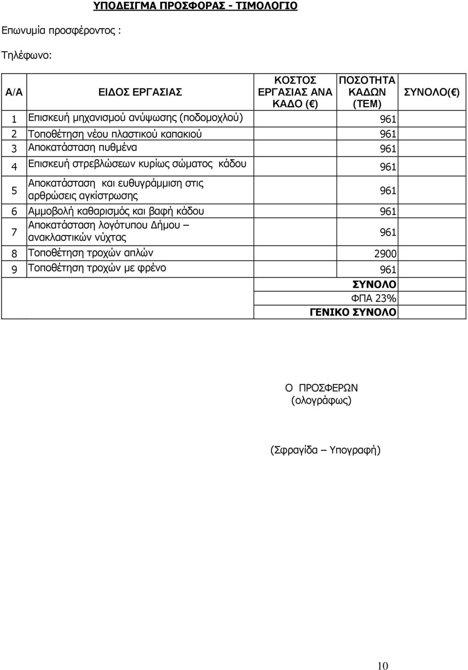 961 5 Αποκατάσταση και ευθυγράµµιση στις αρθρώσεις αγκίστρωσης 6 Αµµοβολή καθαρισµός και βαφή κάδου 961 Αποκατάσταση λογότυπου ήµου 7 ανακλαστικών