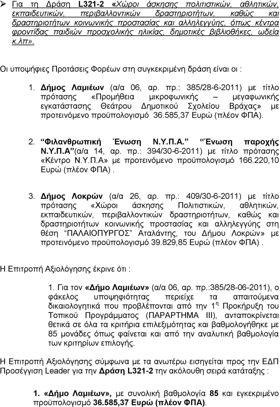 585,37 Ευρώ (πλέον ΦΠΑ). 2. Φιλανθρωπική Ένωση Ν.Υ.Π.Α. Ένωση παροχής Ν.Υ.Π.Α (α/α 14, αρ. πρ.: 394/) με τίτλο πρότασης «Κέντρο Ν.Υ.Π.Α» με προτεινόμενο προϋπολογισμό 166.220,10 Ευρώ (πλέον ΦΠΑ). 3. Λοκρών (α/α 26, αρ.