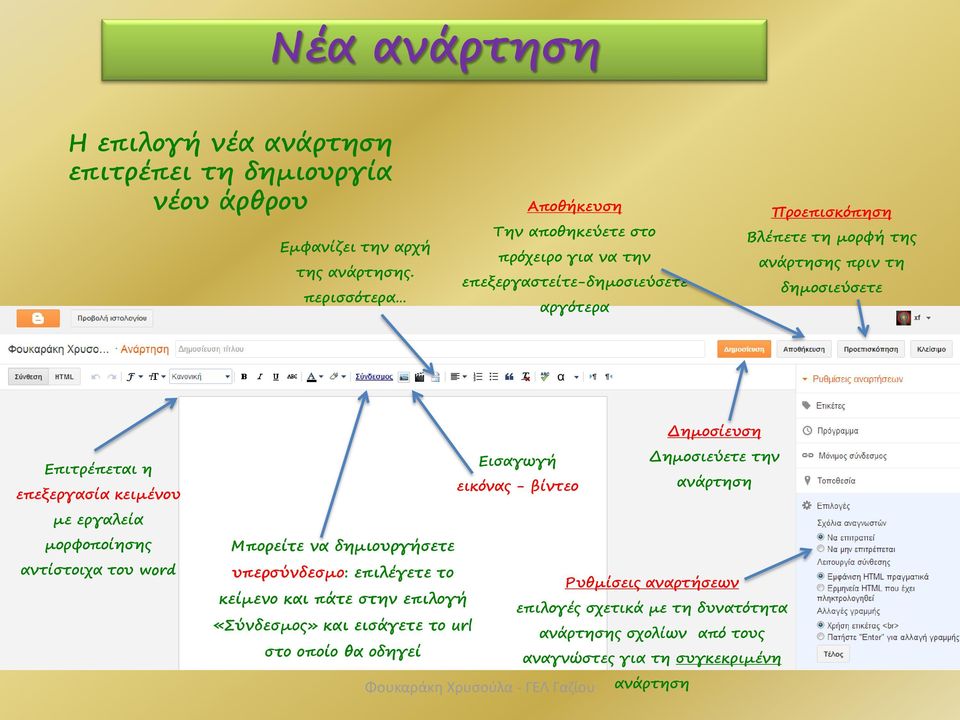 Επιτρέπεται η επεξεργασία κειμένου με εργαλεία μορφοποίησης αντίστοιχα του word Δημοσίευση Εισαγωγή Δημοσιεύετε την εικόνας - βίντεο ανάρτηση Μπορείτε να δημιουργήσετε