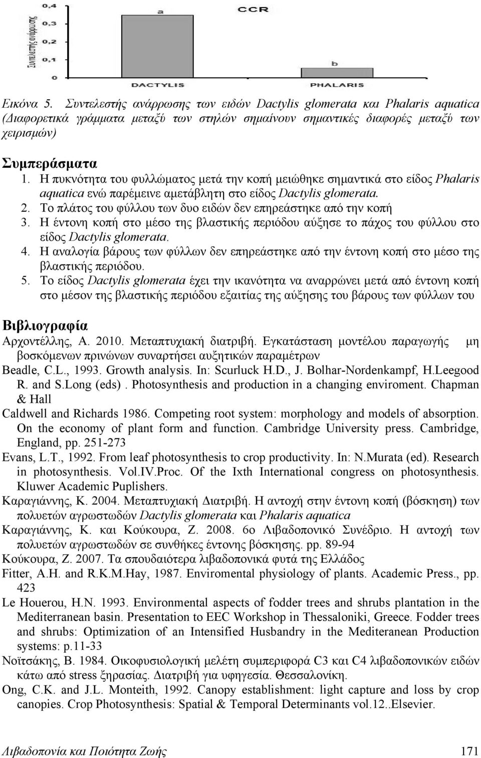 Το πλάτος του φύλλου των δυο ειδών δεν επηρεάστηκε από την κοπή 3. Η έντονη κοπή στο μέσο της βλαστικής περιόδου αύξησε το πάχος του φύλλου στο είδος Dactylis glomerata. 4.