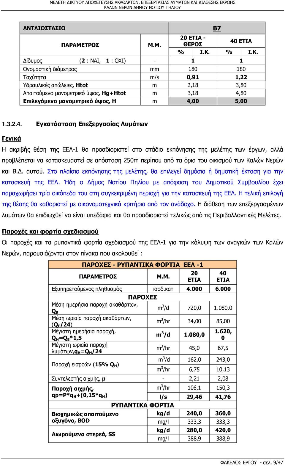 Δίδυμος (2 : ΝΑΙ, 1 : OXI) - 1 1 Ονομαστική διάμετρος mm 180 180 Ταχύτητα m/s 0,91 1,22 Υδραυλικές απώλειες, Htot m 2,18 3,80 Απαιτούμενο μανομετρικό ύψος, Ηg+Htot m 3,18 4,80 Επιλεγόμενο μανομετρικό