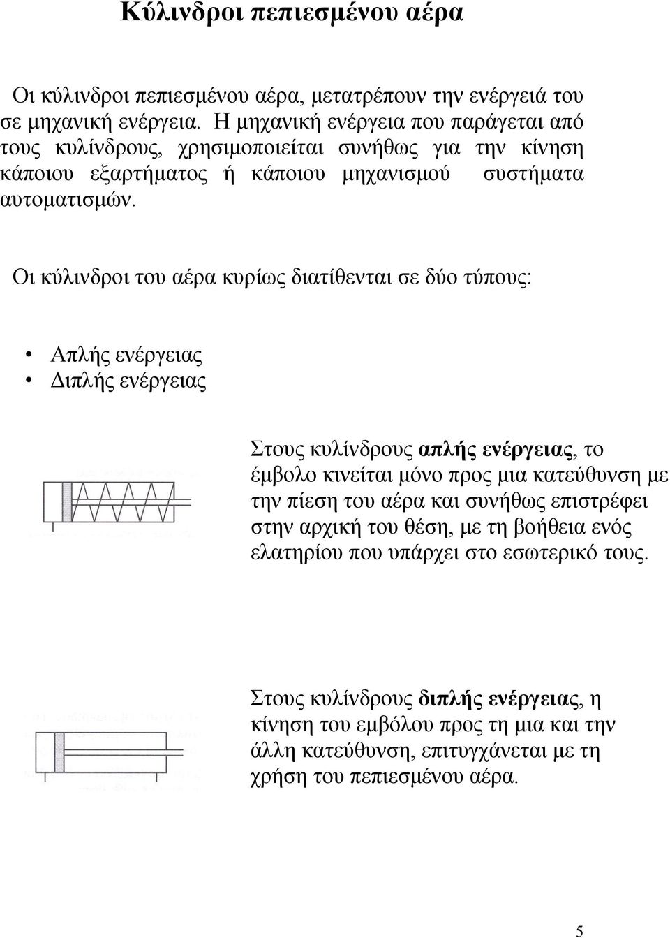 Οι κύλινδροι του αέρα κυρίως διατίθενται σε δύο τύπους: Απλής ενέργειας Διπλής ενέργειας Στους κυλίνδρους απλής ενέργειας, το έμβολο κινείται μόνο προς μια κατεύθυνση με την