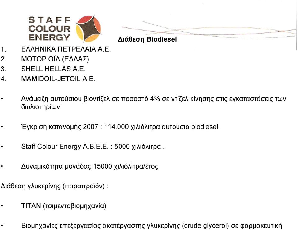 Έγκριση κατανοµής 2007 : 114.000 χιλιόλιτρα αυτούσιο biodiesel. Staff Colour Energy A.B.E.E. : 5000 χιλιόλιτρα.