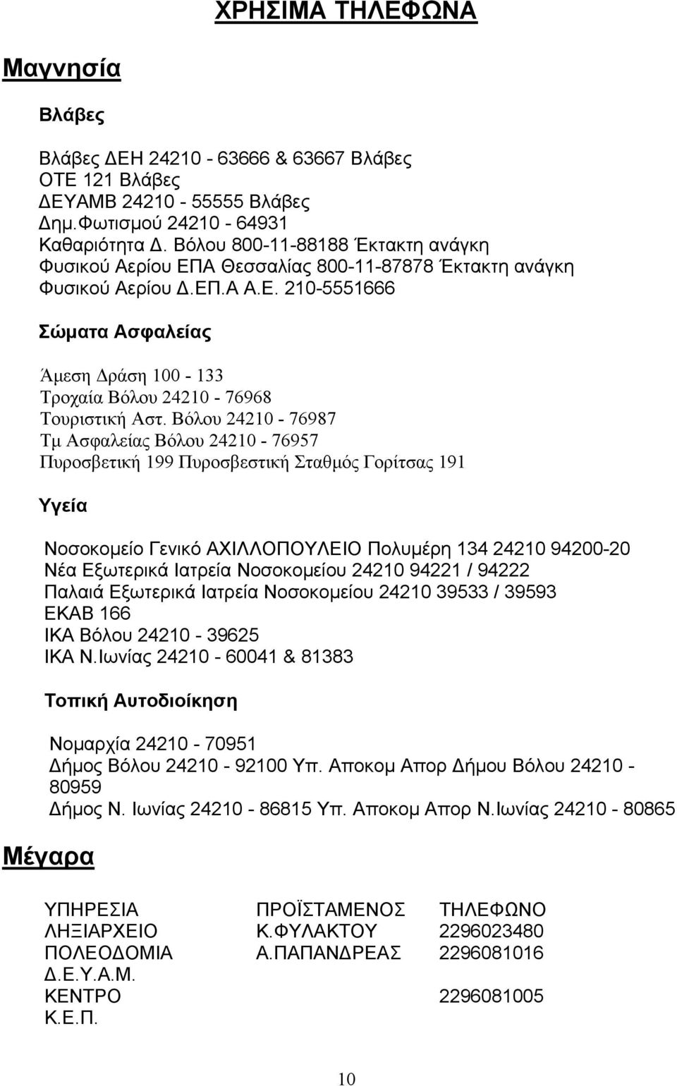 Βόλου 24210-76987 Τµ Ασφαλείας Βόλου 24210-76957 Πυροσβετική 199 Πυροσβεστική Σταθµός Γορίτσας 191 Υγεία Νοσοκοµείο Γενικό ΑΧΙΛΛΟΠΟΥΛΕΙΟ Πολυµέρη 134 24210 94200-20 Νέα Εξωτερικά Ιατρεία Νοσοκοµείου