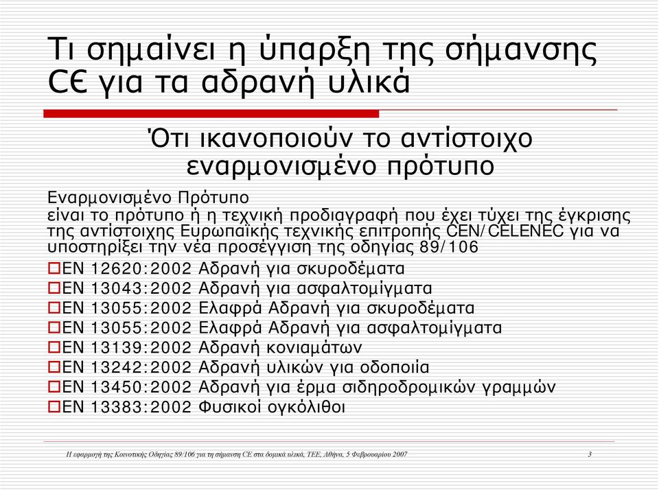 για ασφαλτοµίγµατα ΕΝ 13055:2002 Ελαφρά Αδρανή για σκυροδέµατα ΕΝ 13055:2002 Ελαφρά Αδρανή για ασφαλτοµίγµατα ΕΝ 13139:2002 Αδρανή κονιαµάτων ΕΝ 13242:2002 Αδρανή υλικών για οδοποιία ΕΝ