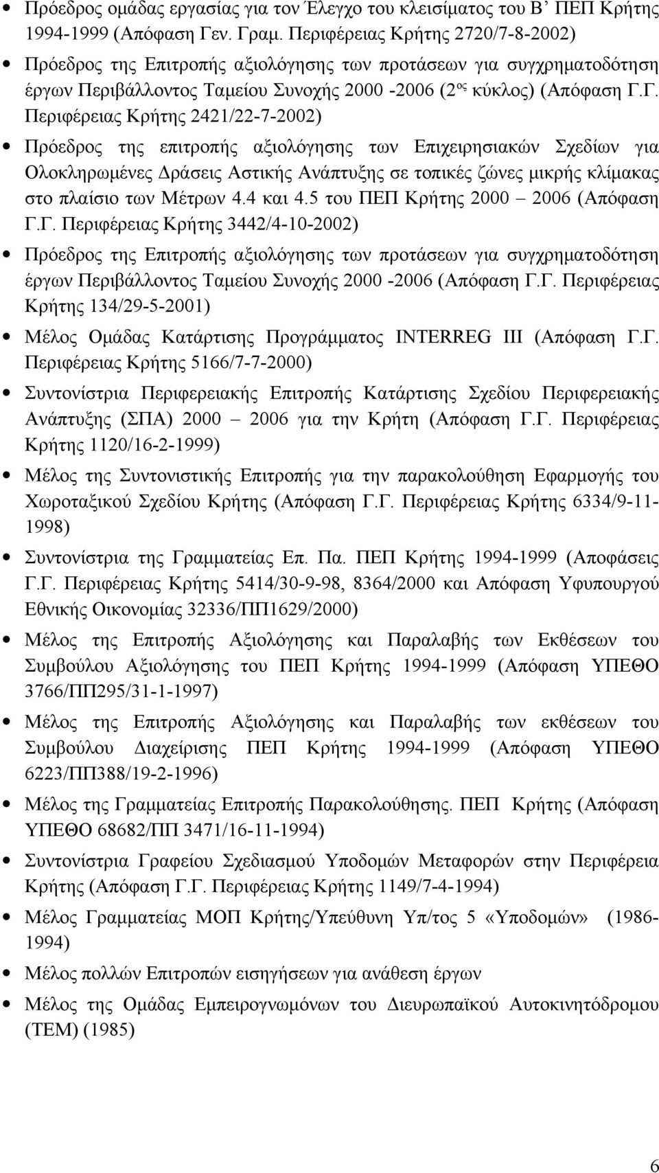 Γ. Περιφέρειας Κρήτης 2421/22-7-2002) Πρόεδρος της επιτροπής αξιολόγησης των Επιχειρησιακών Σχεδίων για Ολοκληρωμένες Δράσεις Αστικής Ανάπτυξης σε τοπικές ζώνες μικρής κλίμακας στο πλαίσιο των Μέτρων