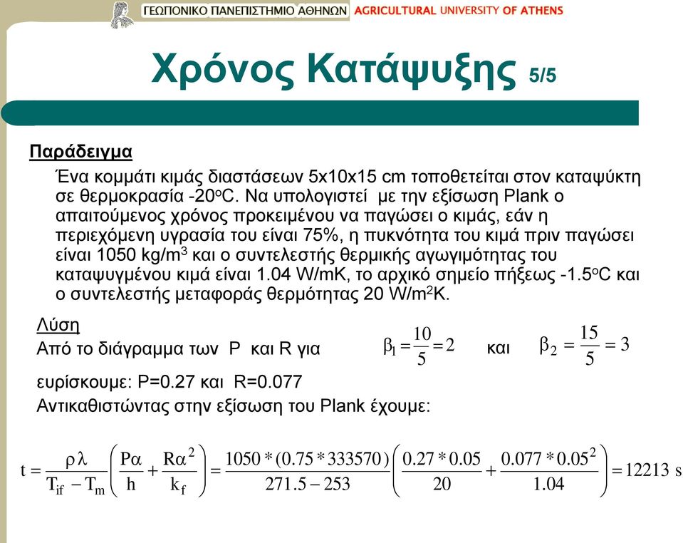 είναι 050 kg/m 3 και o συντελεστής θερμικής αγωγιμότητας του καταψυγμένου κιμά είναι.04 W/mK, το αρχικό σημείο πήξεως -.