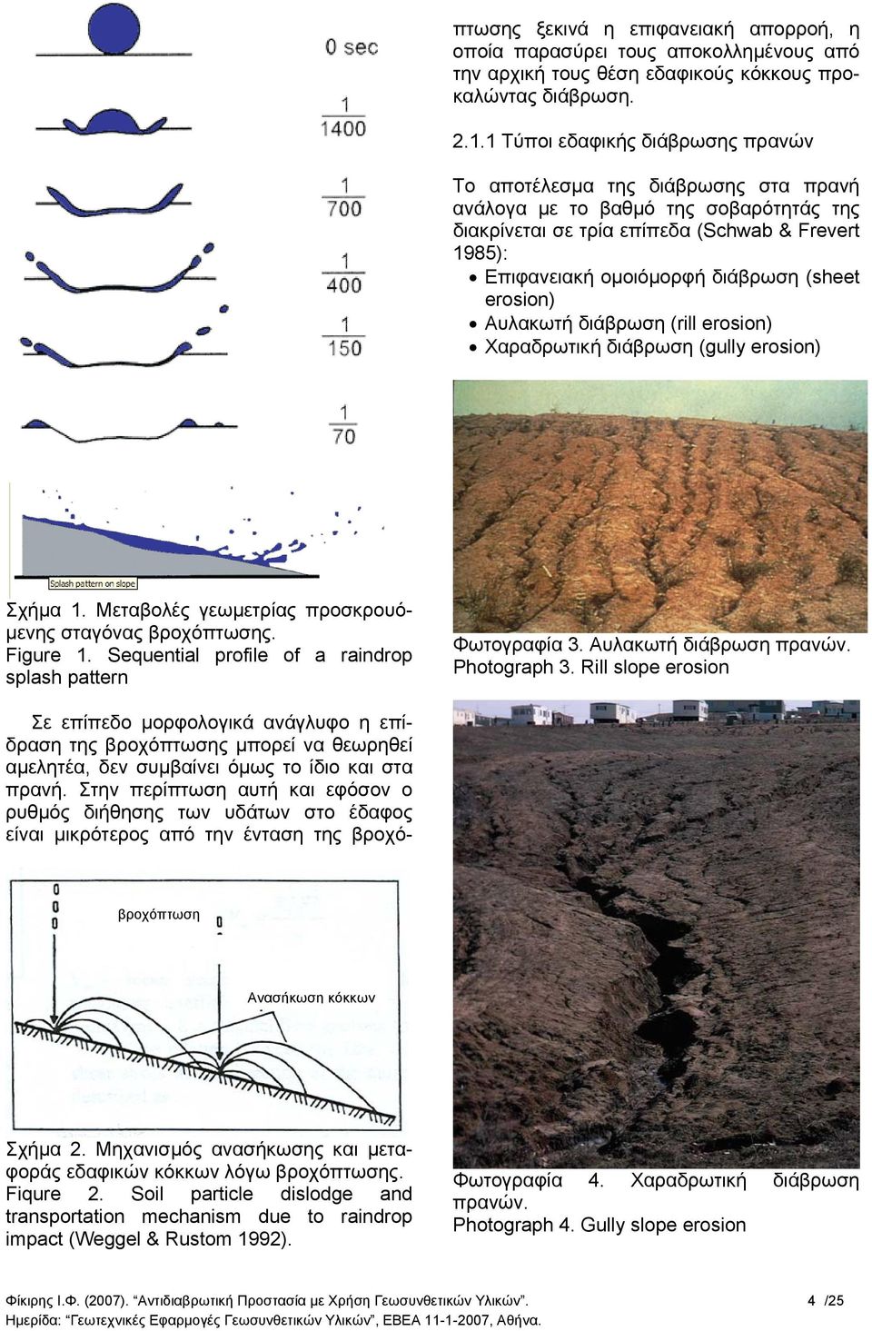 (sheet erosion) Αυλακωτή διάβρωση (rill erosion) Χαραδρωτική διάβρωση (gully erosion) Σχήµα 1. Μεταβολές γεωµετρίας προσκρουό- µενης σταγόνας βροχόπτωσης. Figure 1.