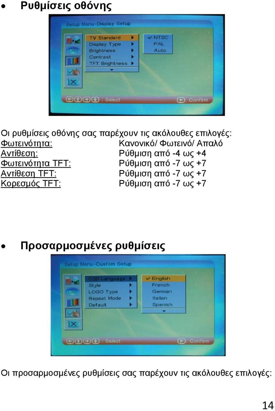 Ρύθμιση από -7 ως +7 Αντίθεση TFT: Ρύθμιση από -7 ως +7 Κορεσμός TFT: Ρύθμιση από -7