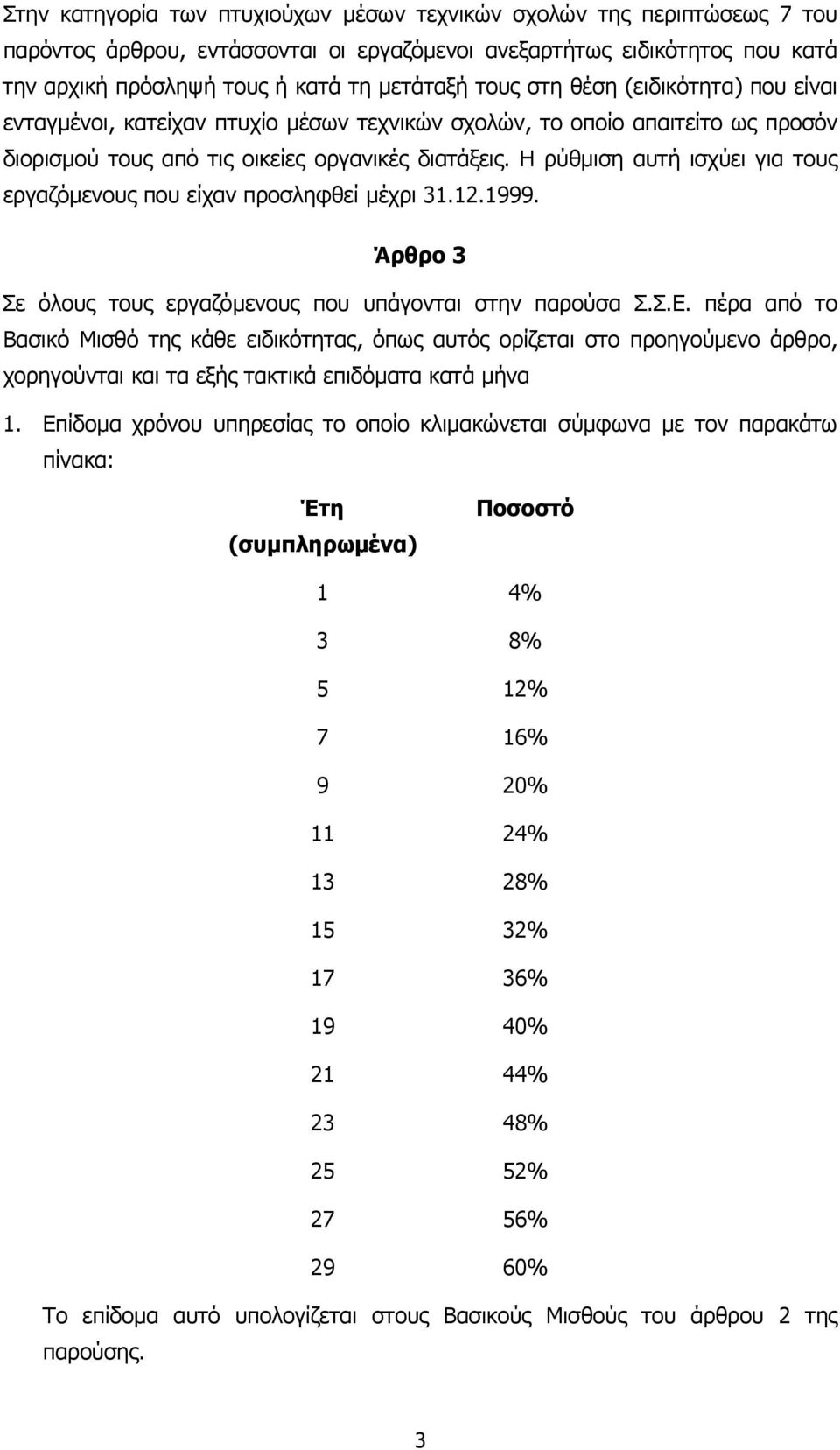 Η ρύθµιση αυτή ισχύει για τους εργαζόµενους που είχαν προσληφθεί µέχρι 31.12.1999. Άρθρο 3 Σε όλους τους εργαζόµενους που υπάγονται στην παρούσα Σ.Σ.Ε.