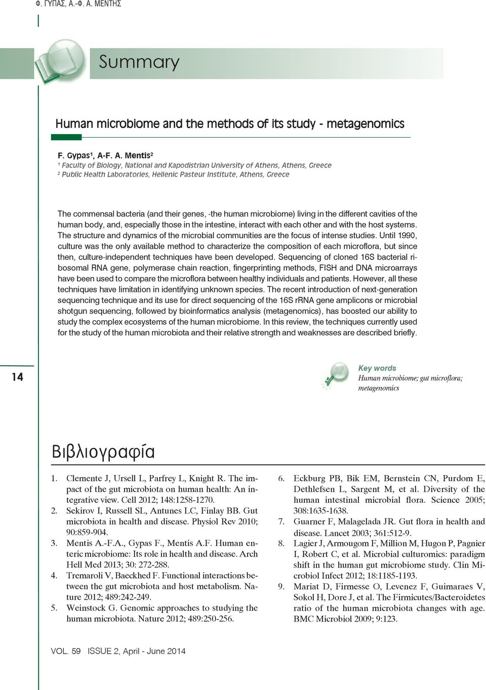 ΜΕΝΤΗΣ Summa ry Ηuman microbiome and the methods of its study - metagenomics F. Gypas 1, A-F. Α.