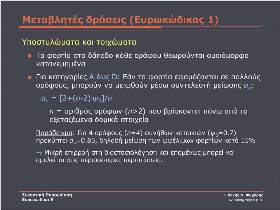 ορόφων (n>2) που βρίσκονται πάνω από τα εξεταζόμενα δομικά στοιχεία Παράδειγμα: : Για 4 ορόφους (n=4) συνήθων κατοικιών (ψ 0 =0.