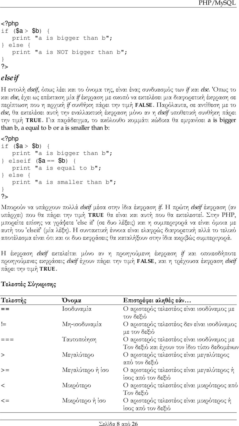 Παρόλαυτα, σε αντίθεση με το else, θα εκτελέσει αυτή την εναλλακτική έκφραση μόνο αν η elseif υποθετική συνθήκη πάρει την τιμή TRUE.