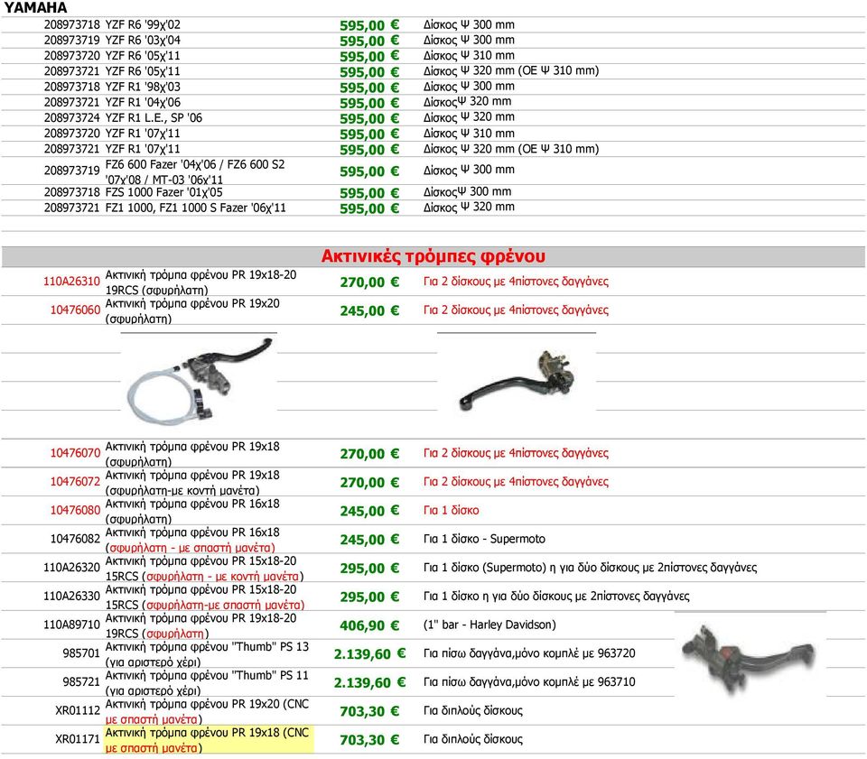 Δίσκος Ψ 310 mm 208973721 YZF R1 '07χ'11 595,00 Δίσκος Ψ 320 mm (OE Ψ 310 mm) FZ6 600 Fazer '04χ'06 / FZ6 600 S2 208973719 '07χ'08 / MT-03 '06χ'11 595,00 Δίσκος Ψ 300 mm 208973718 FZS 1000 Fazer