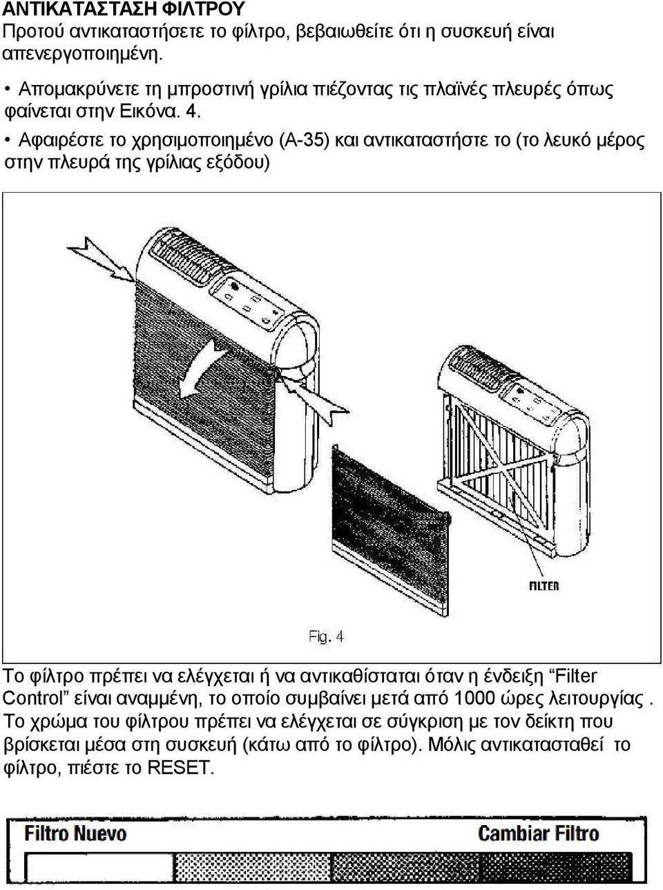 Αφαιρέστε το χρησιμοποιημένο (Α-35) και αντικαταστήστε το (το λευκό μέρος στην πλευρά της γρίλιας εξόδου) Το φίλτρο πρέπει να ελέγχεται ή να