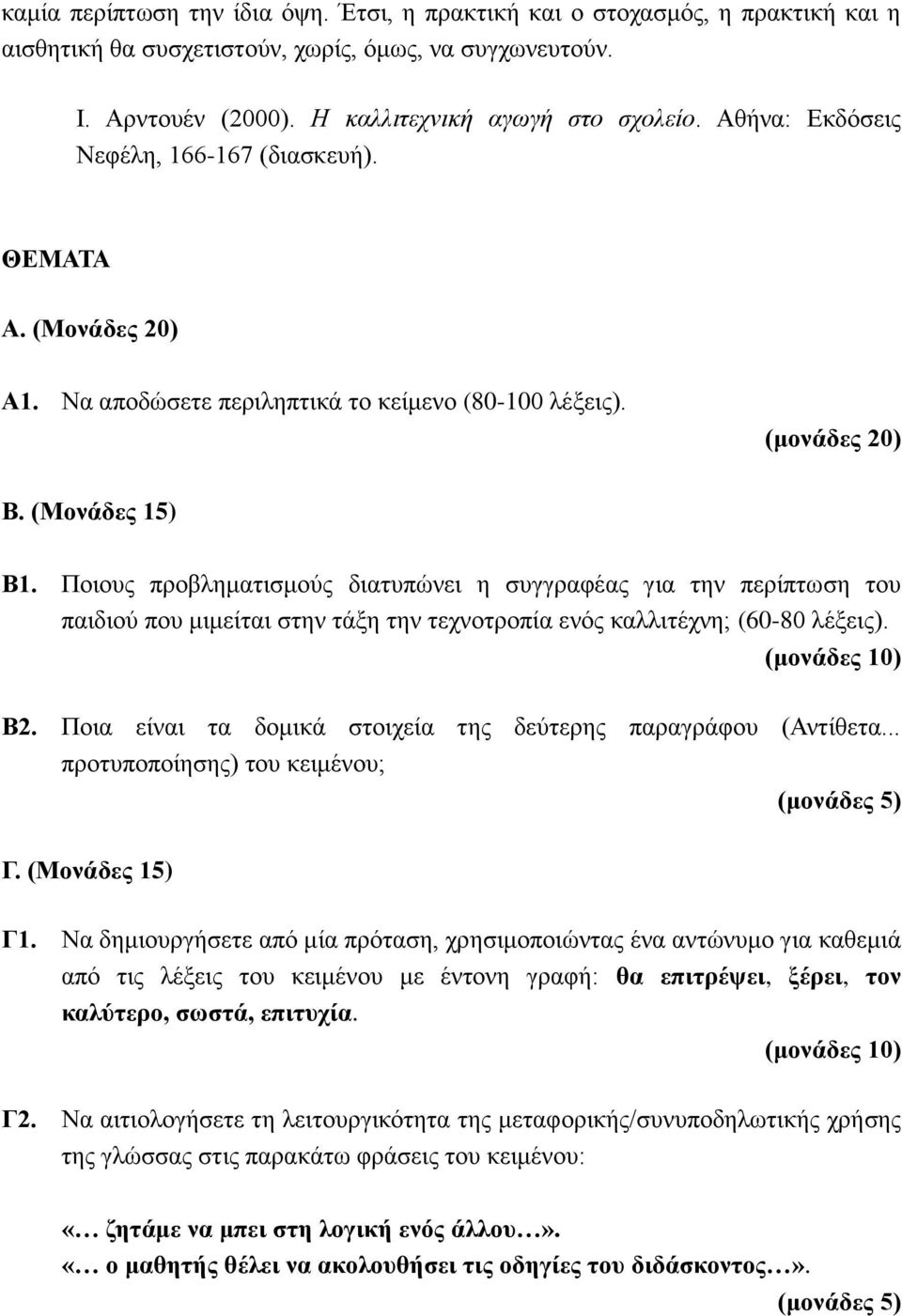 Ποιους προβληματισμούς διατυπώνει η συγγραφέας για την περίπτωση του παιδιού που μιμείται στην τάξη την τεχνοτροπία ενός καλλιτέχνη; (60-80 λέξεις). Β2.