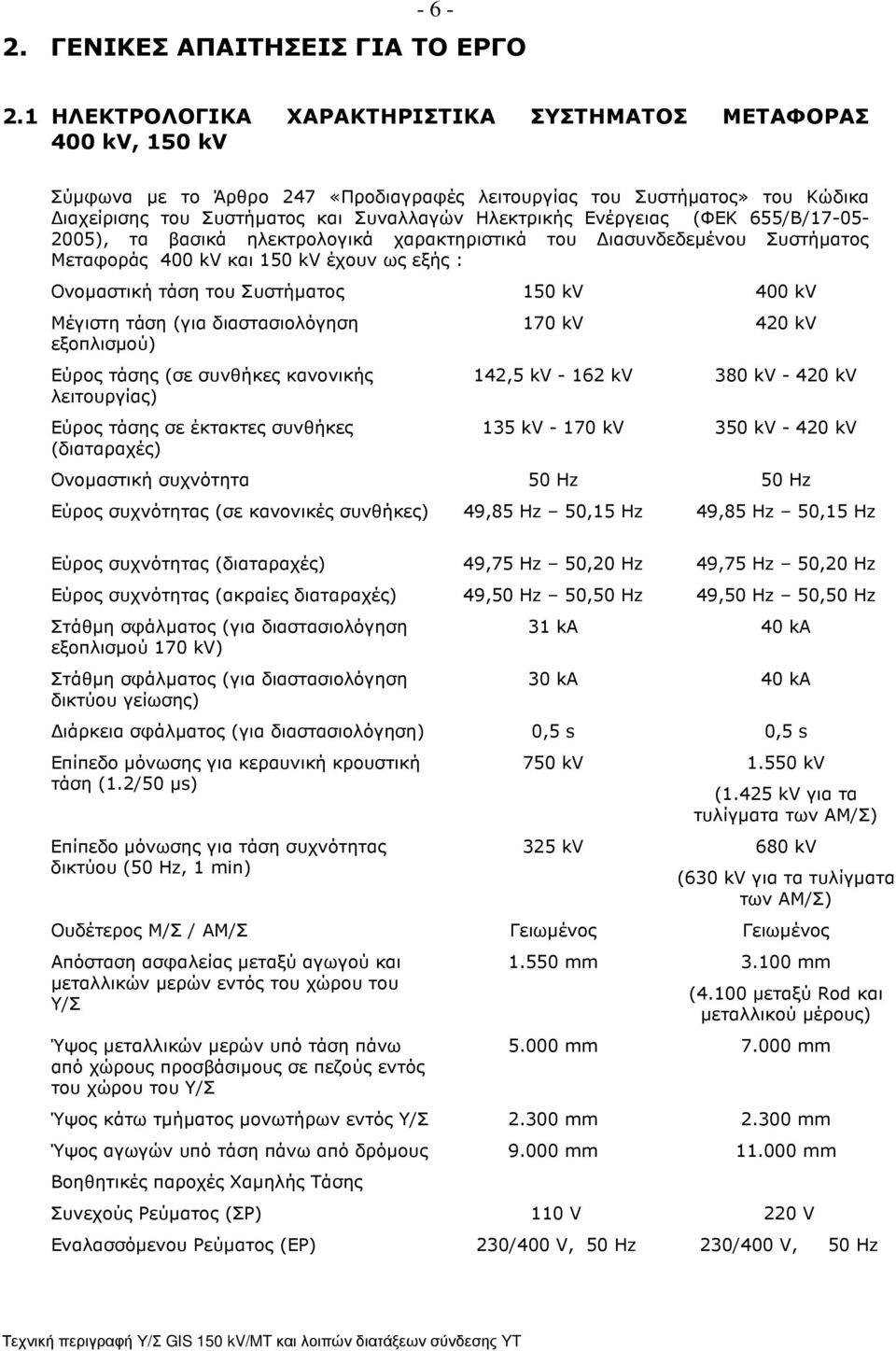 Ενέργειας (ΦΕΚ 655/Β/17-05- 2005), τα βασικά ηλεκτρολογικά χαρακτηριστικά του ιασυνδεδεµένου Συστήµατος Μεταφοράς 400 kv και 150 kv έχουν ως εξής : Oνοµαστική τάση του Συστήµατος 150 kv 400 kv