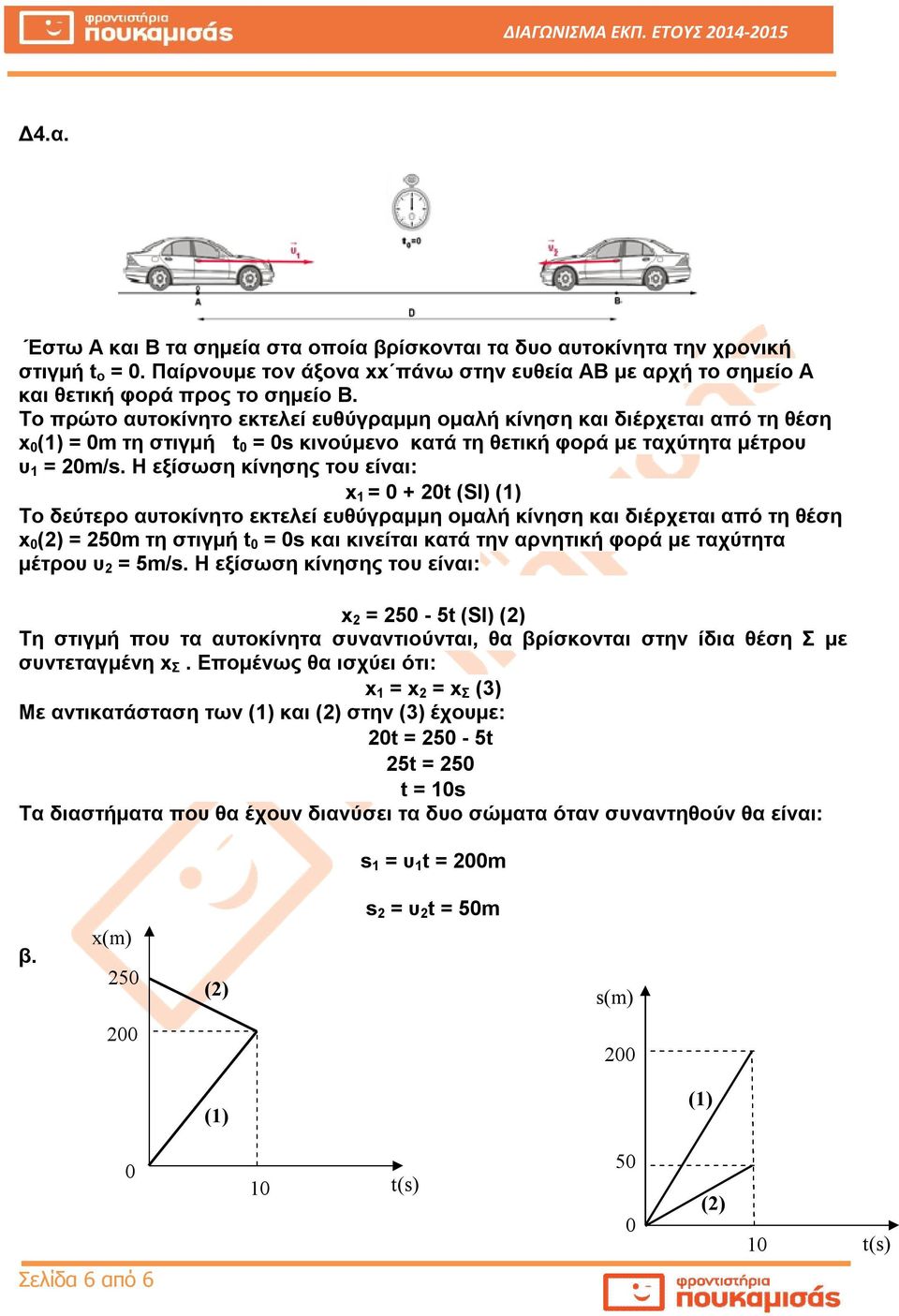 Το πρώτο αυτοκίνητο εκτελεί ευθύγραμμη ομαλή κίνηση και διέρχεται από τη θέση x (1) = m τη στιγμή t = s κινούμενο κατά τη θετική φορά με ταχύτητα μέτρου υ 1 = 2m/s.