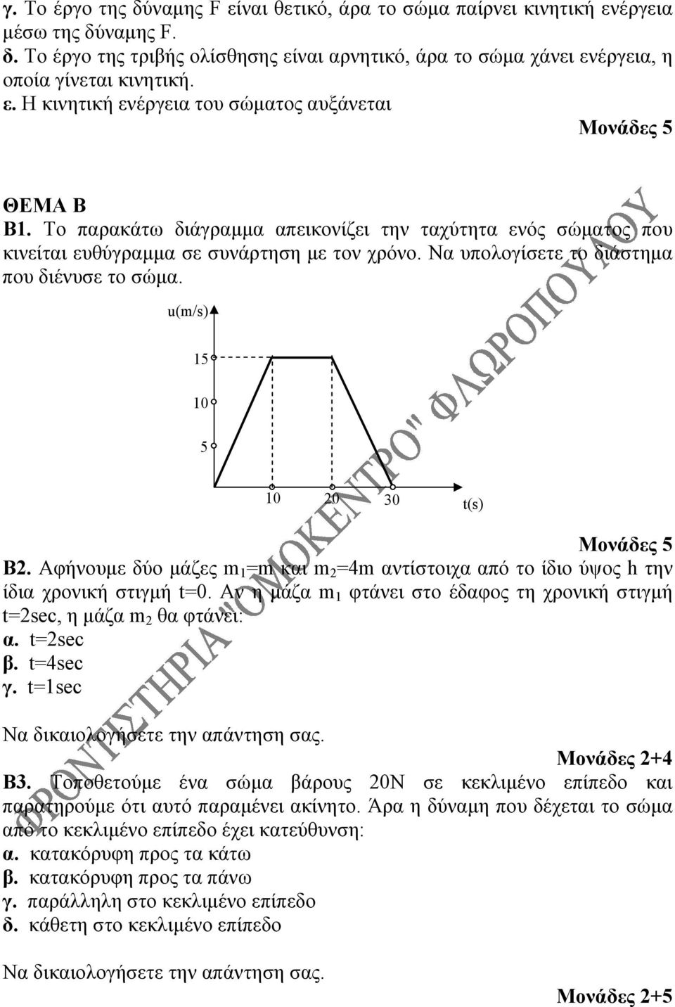 Να υπολογίσετε το διάστημα που διένυσε το σώμα. u(m/s) 15 10 5 10 20 30 t(s) Β2. Αφήνουμε δύο μάζες m 1 =m και m 2 =4m αντίστοιχα από το ίδιο ύψος h την ίδια χρονική στιγμή t=0.