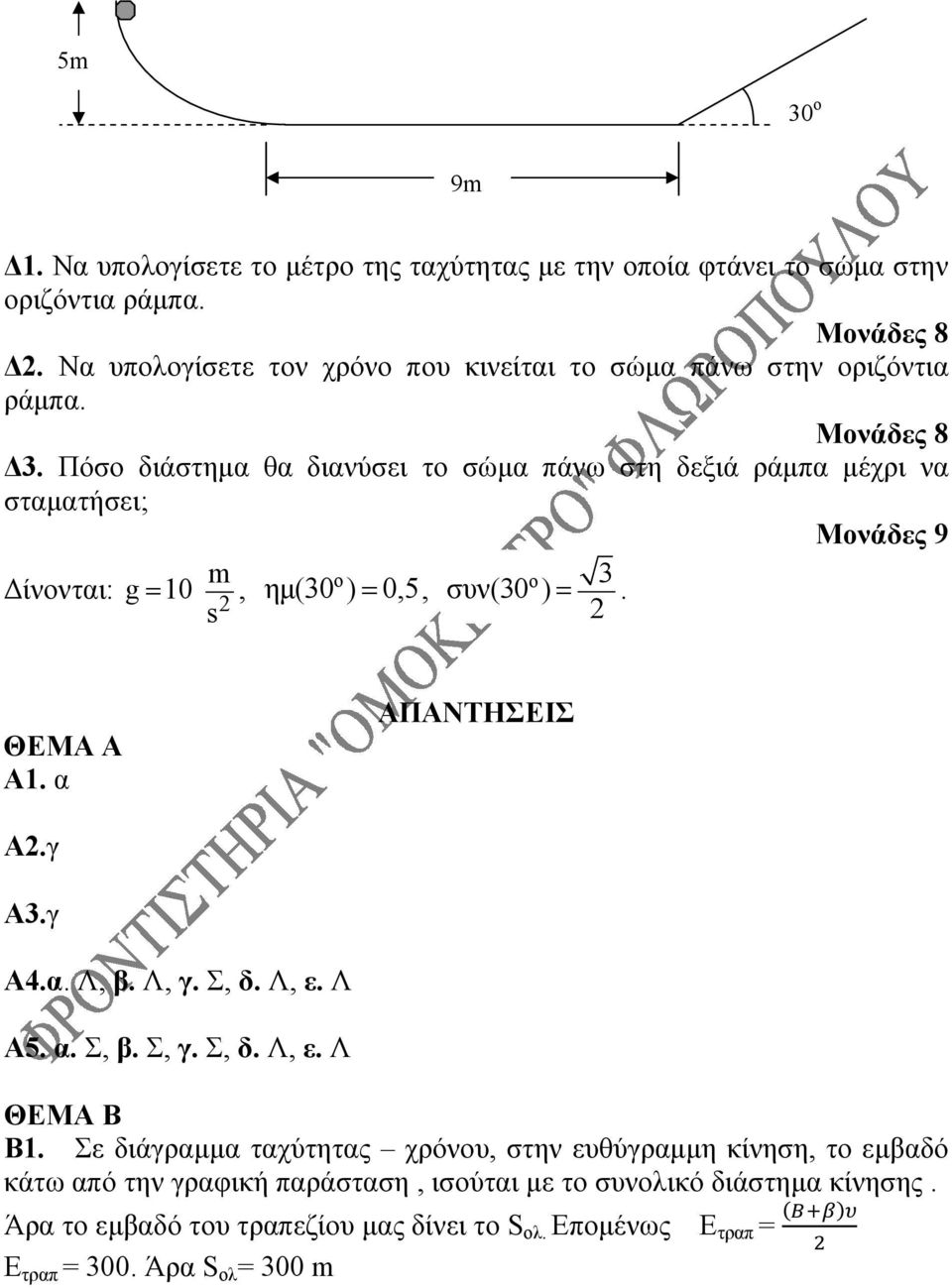 Πόσο διάστημα θα διανύσει το σώμα πάνω στη δεξιά ράμπα μέχρι να σταματήσει; Μονάδες 9 Δίνονται: m g= 10, s 2 ο ο 3 ημ(30 ) = 0,5, συν(30 ) =. 2 ΘΕΜΑ Α Α1. α ΑΠΑΝΤΗΣΕΙΣ Α2.