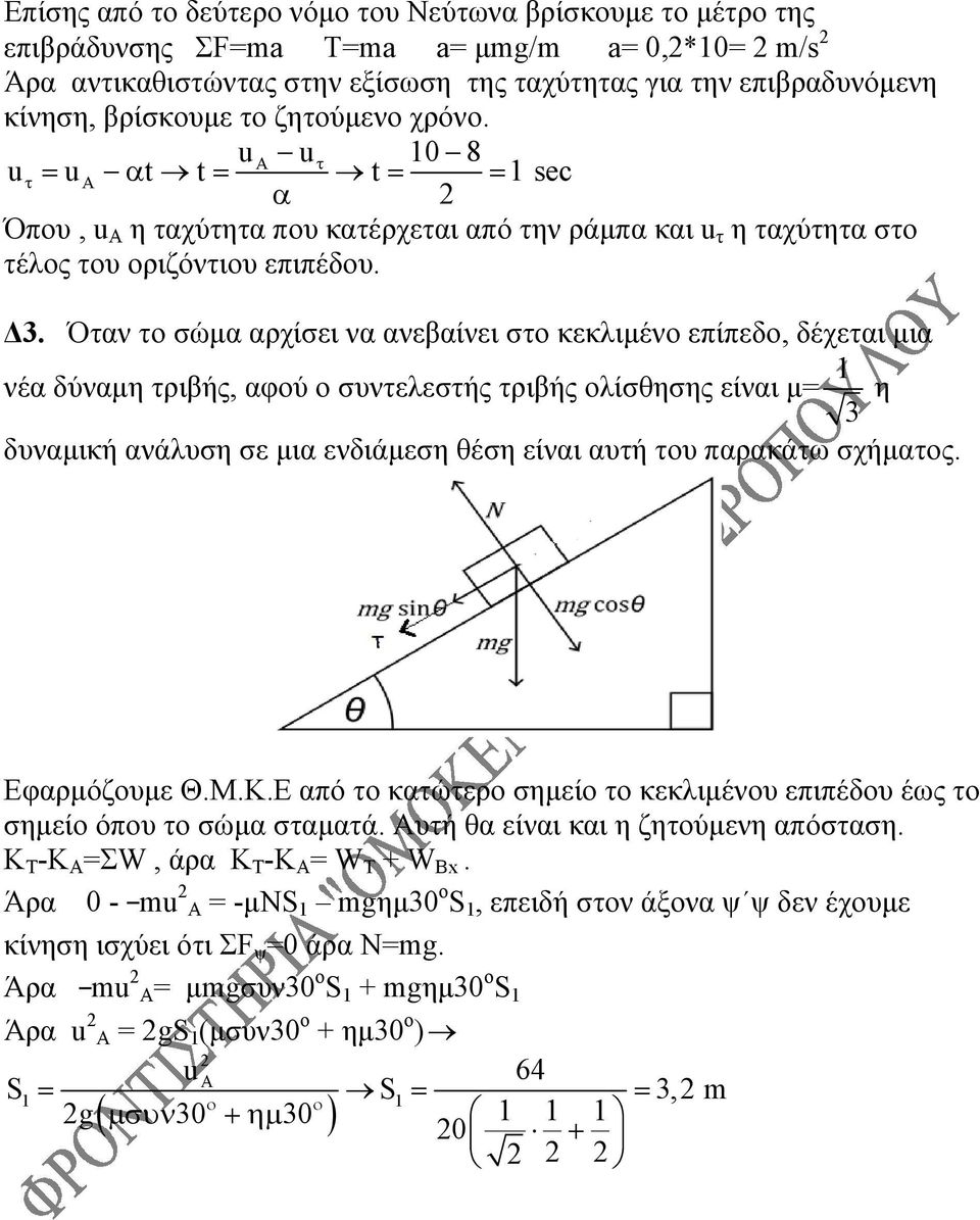 Όταν το σώμα αρχίσει να ανεβαίνει στο κεκλιμένο επίπεδο, δέχεται μια νέα δύναμη τριβής, αφού ο συντελεστής τριβής ολίσθησης είναι μ= 1 3 η δυναμική ανάλυση σε μια ενδιάμεση θέση είναι αυτή του