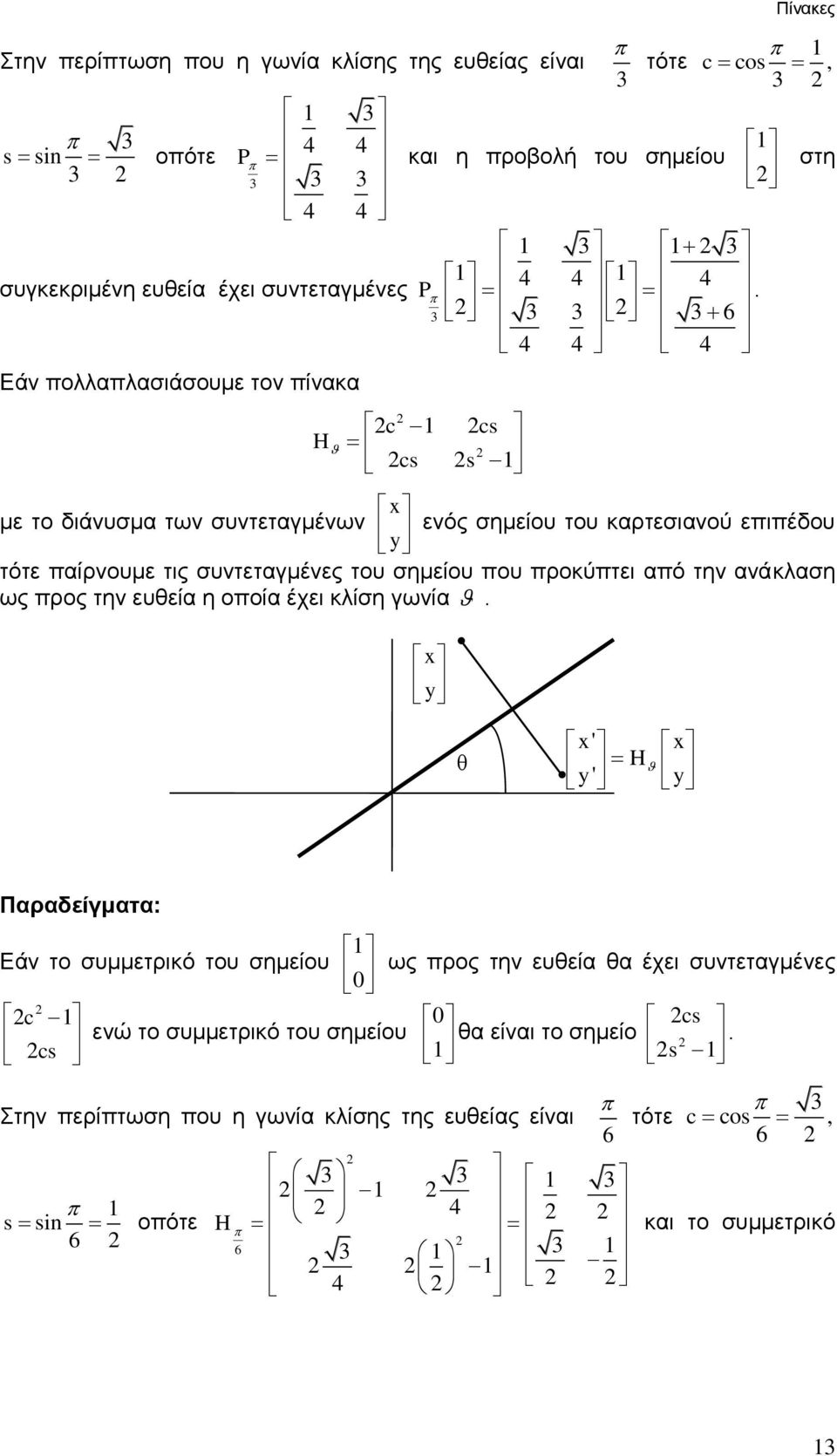 προκύπτει από την ανάκλαση ως προς την ευθεία η οποία έχει κλίση γωνία x στη θ x' x H ' Παραδείγματα: Εάν το συμμετρικό του σημείου 0 ως προς την ευθεία θα έχει συντεταγμένες