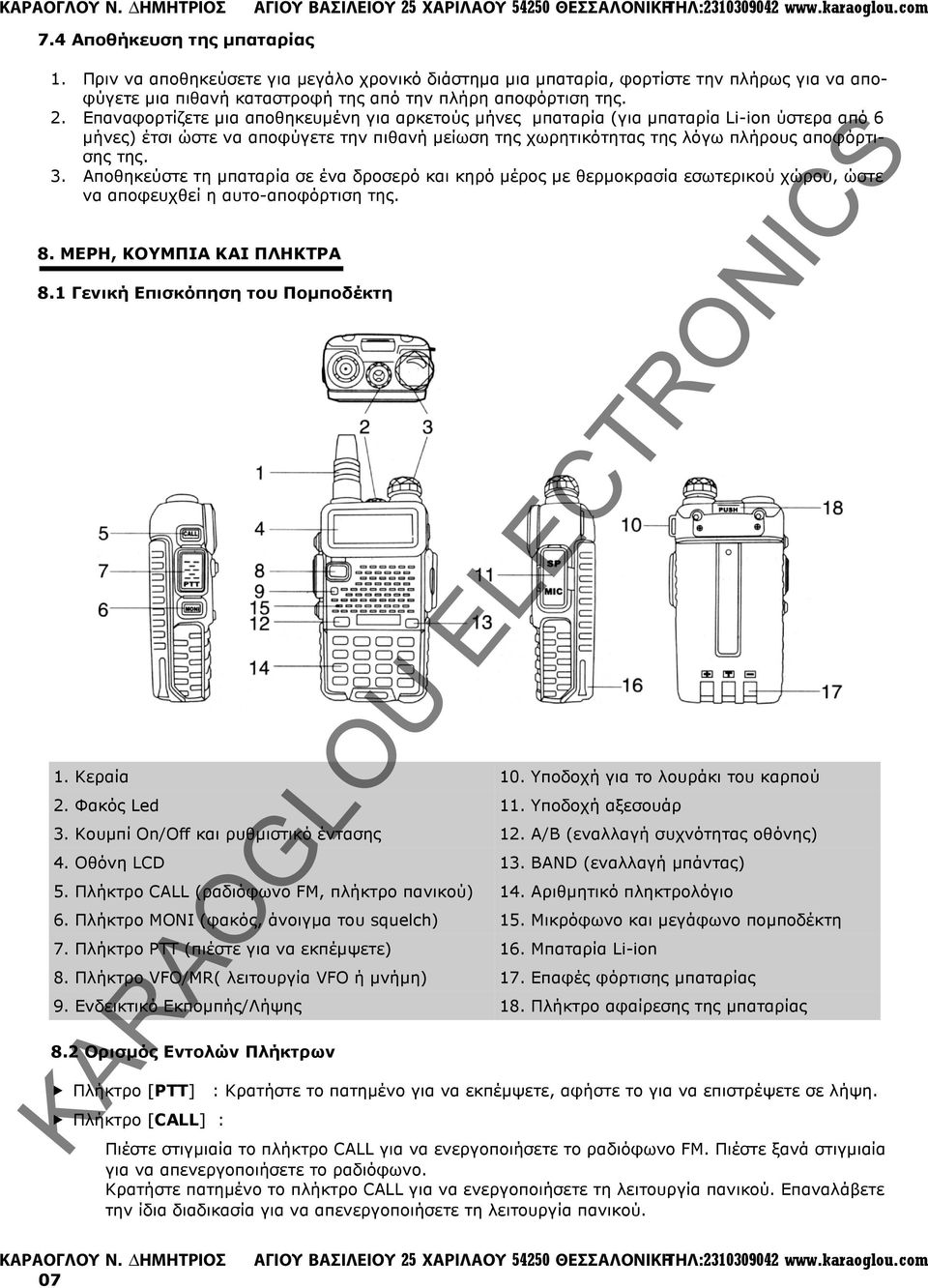 Αποθηκεύστε τη µπαταρία σε ένα δροσερό και κηρό µέρος µε θερµοκρασία εσωτερικού χώρου, ώστε να αποφευχθεί η αυτο-αποφόρτιση της. 8. ΜΕΡΗ, ΚΟΥΜΠΙΑ ΚΑΙ ΠΛΗΚΤΡΑ 8.1 Γενική Επισκόπηση του Ποµποδέκτη 1.