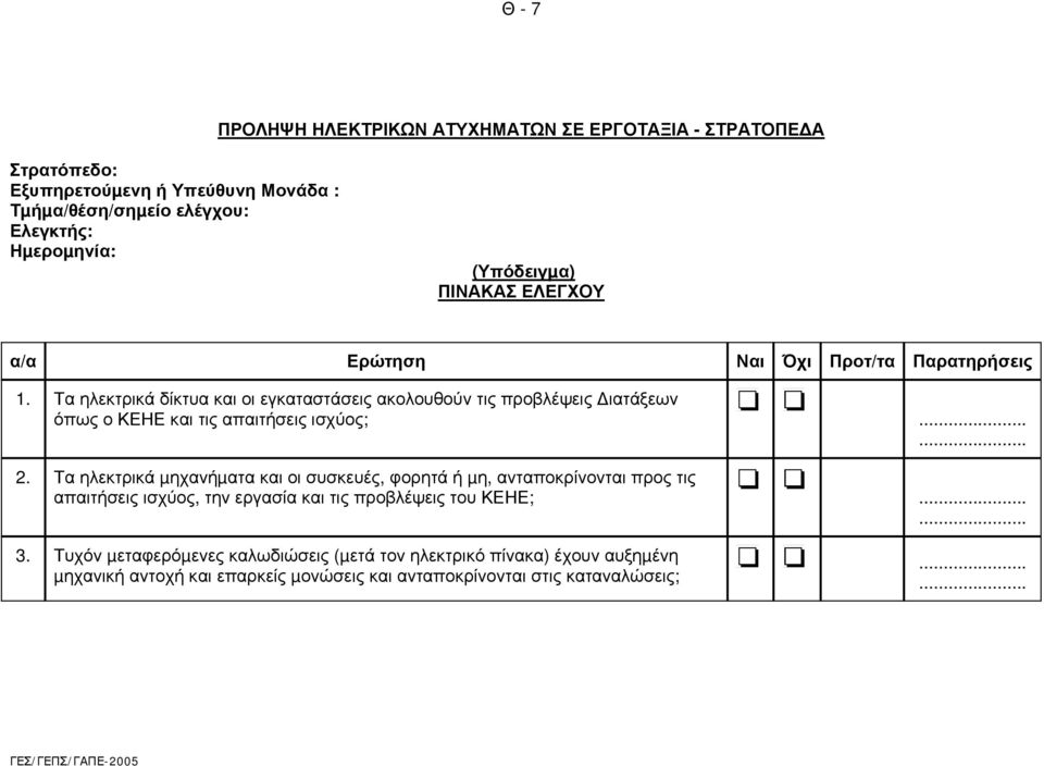 Τα ηλεκτρικά δίκτυα και οι εγκαταστάσεις ακολουθούν τις προβλέψεις ιατάξεων όπως ο ΚΕΗΕ και τις απαιτήσεις ισχύος; 2.