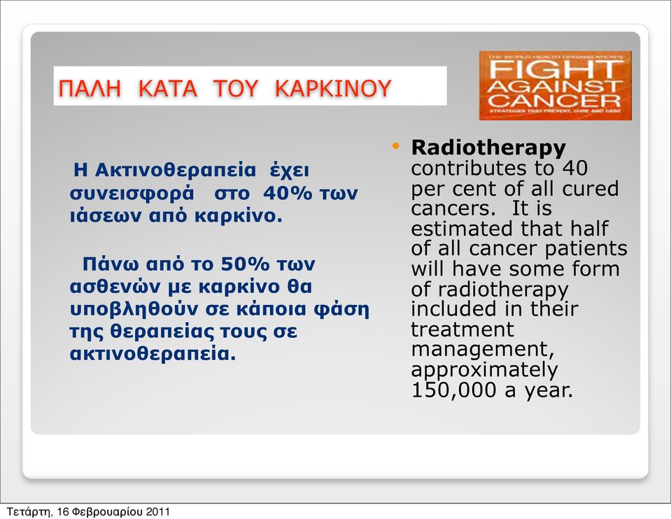 ακτινοθεραπεία. Radiotherapy contributes to 40 per cent of all cured cancers.