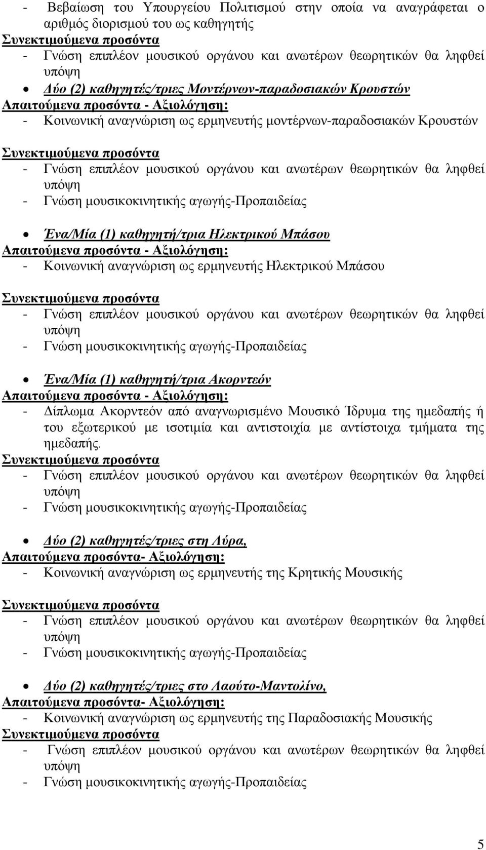 Δίπλωμα Ακορντεόν από αναγνωρισμένο Μουσικό Ίδρυμα της ημεδαπής ή του εξωτερικού με ισοτιμία και αντιστοιχία με αντίστοιχα τμήματα της ημεδαπής.